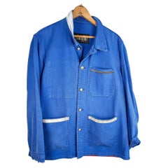 Cobalt Blue Jacket Cotton Tweed Pastel Red Back Brass Chain French Work Wear 