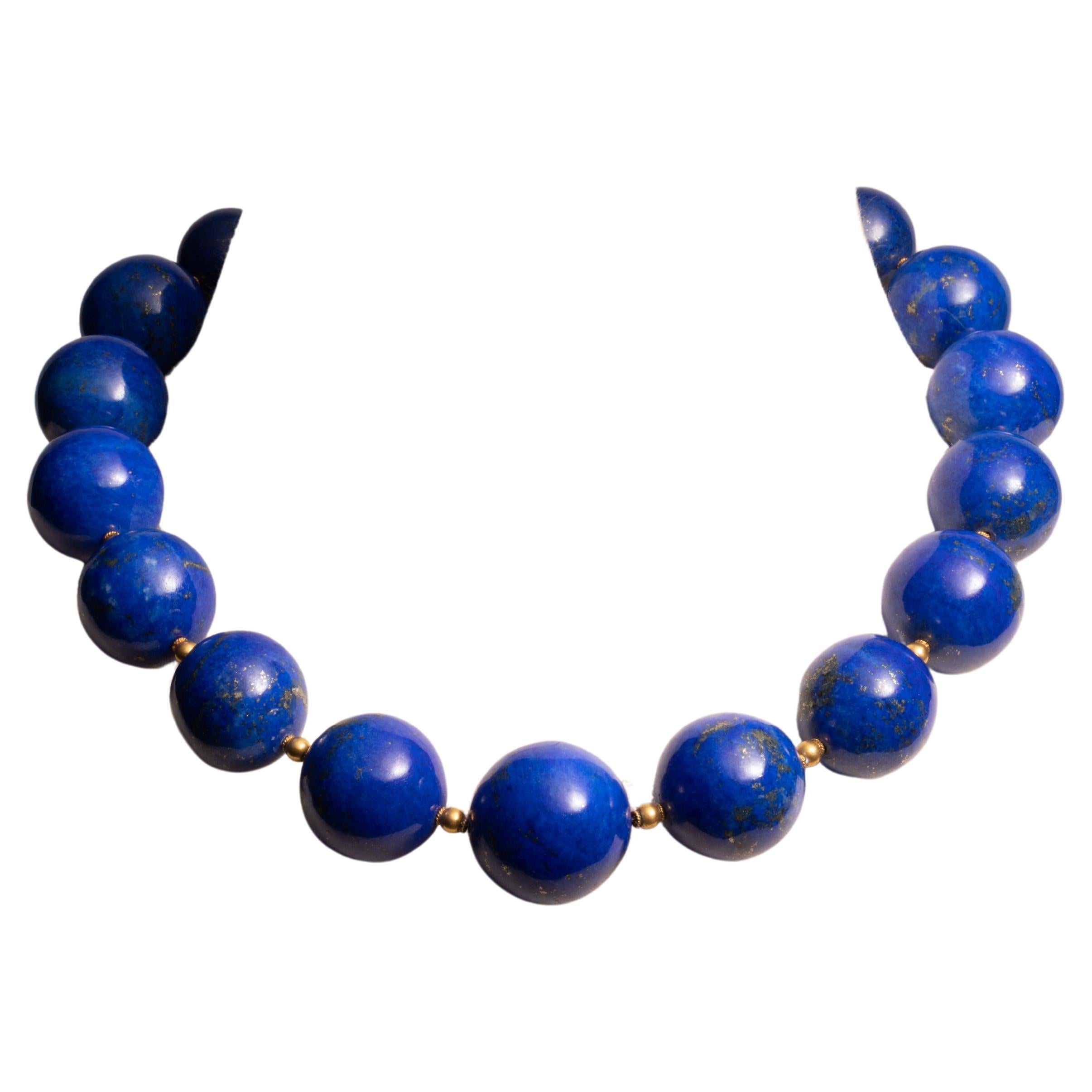 Cobalt Blue Lapis Lazuli and 18K Gold beaded Necklace For Sale