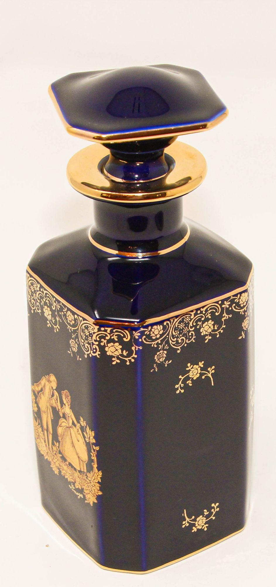 Cobalt Blue Limoges France Porcelain Decanter 22 Karat Gold, 1970s 3