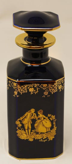 Decantador de Porcelana Azul Cobalto Limoges Francia Oro de 22 Kilates Años 70