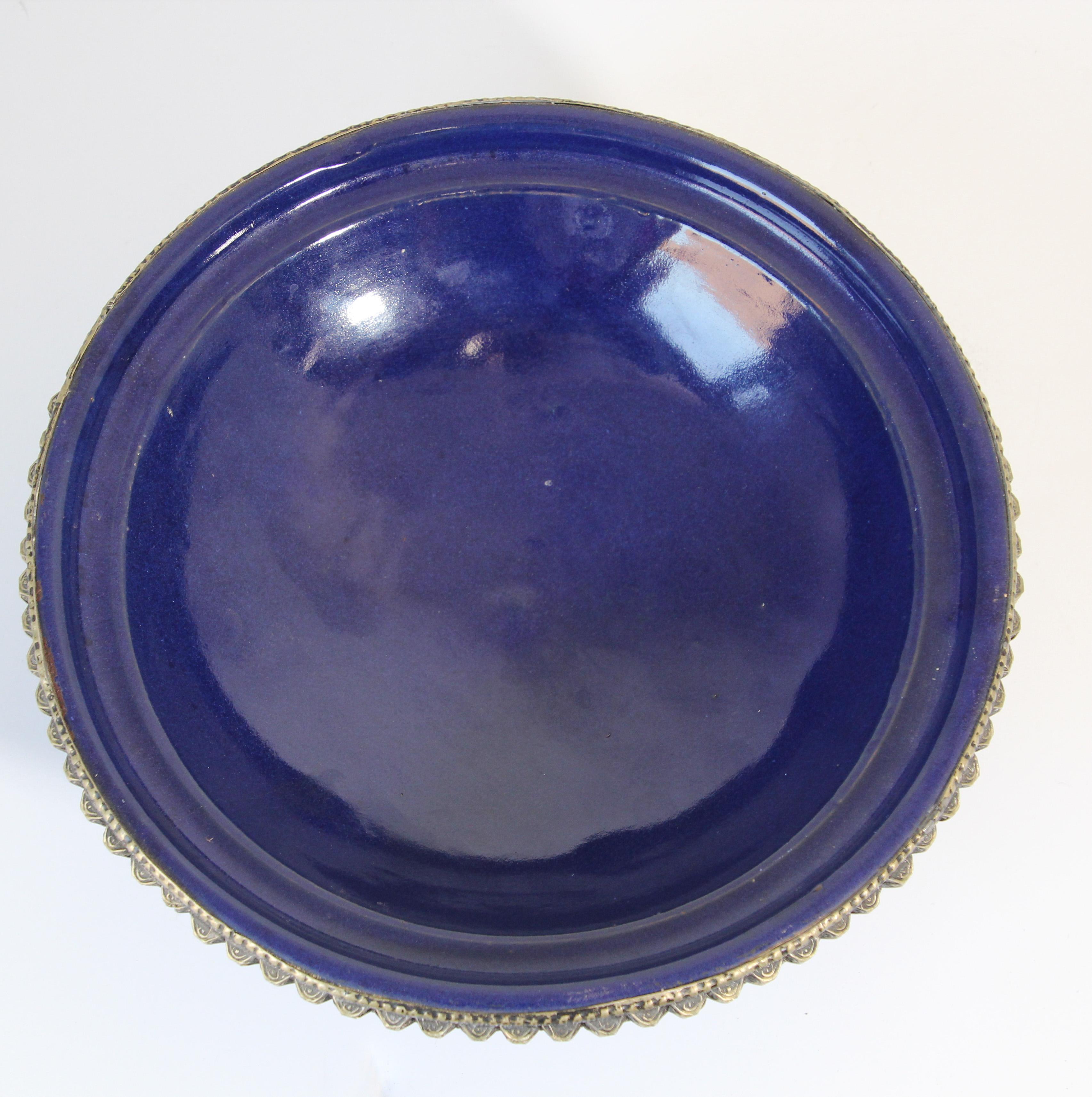 Metal Cobalt Blue Moroccan Ceramic Bowl with Silver Overlay For Sale