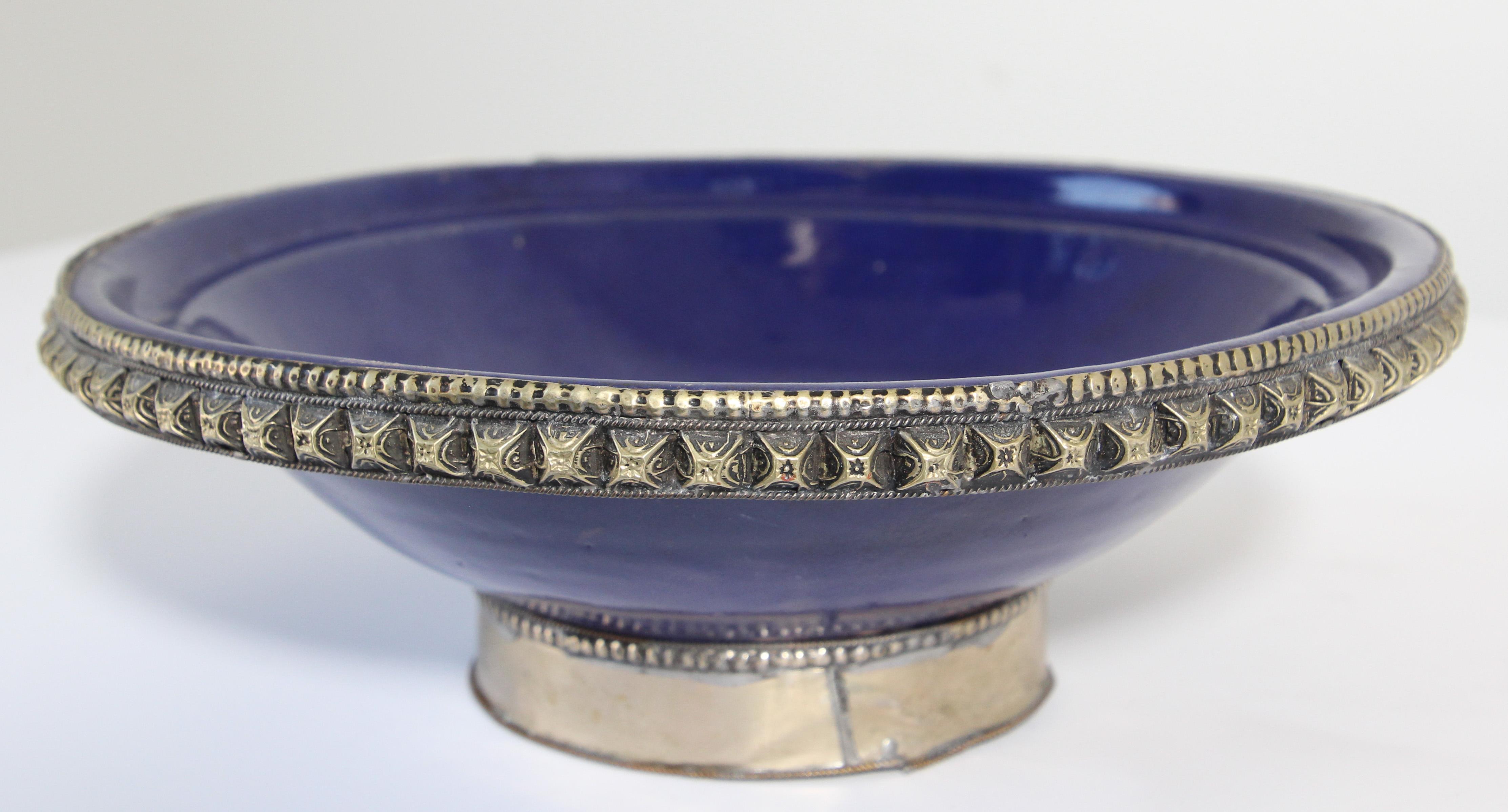Cobalt Blue Moroccan Ceramic Bowl with Silver Overlay For Sale 1