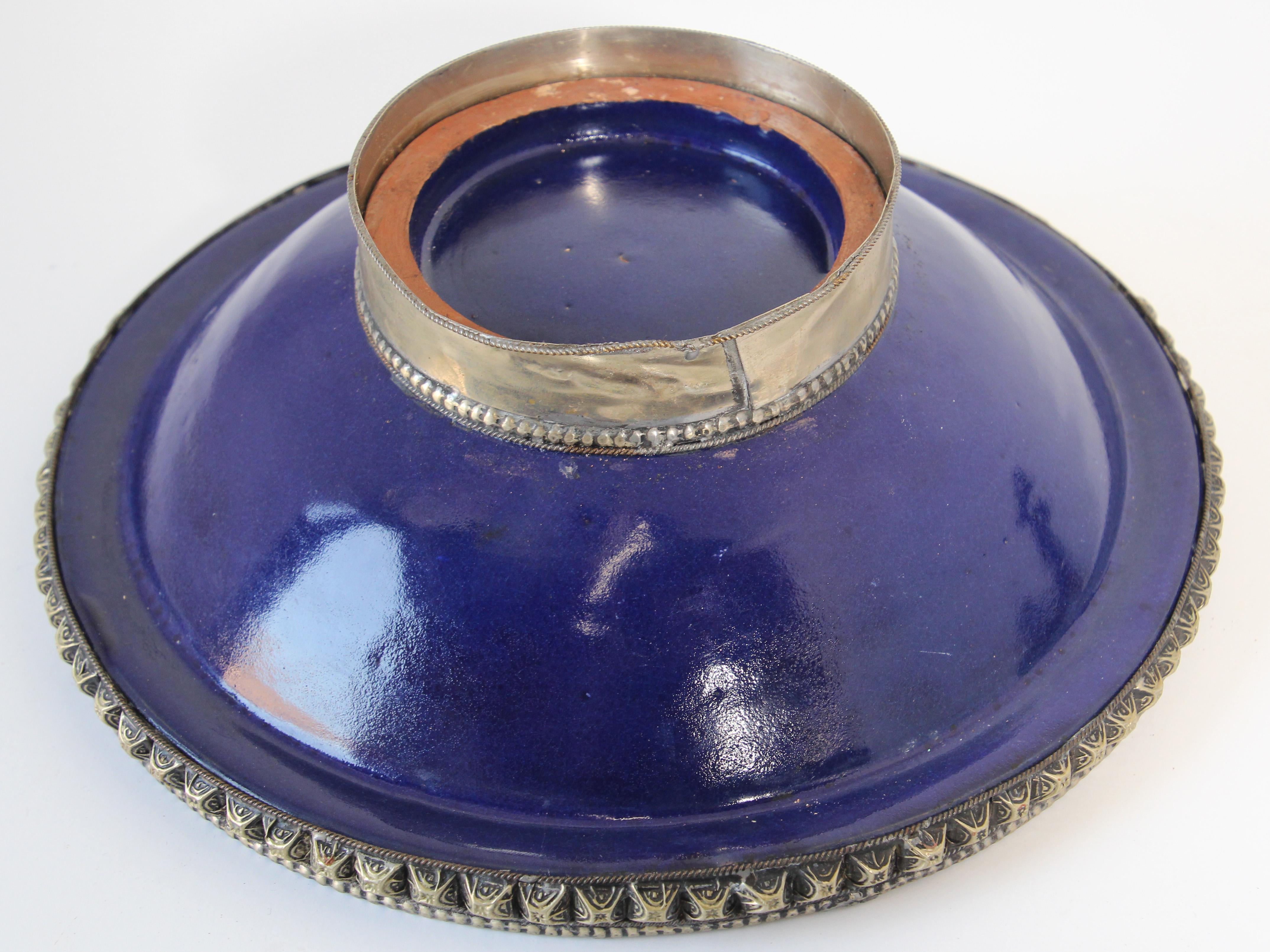 Cobalt Blue Moroccan Ceramic Bowl with Silver Overlay For Sale 2