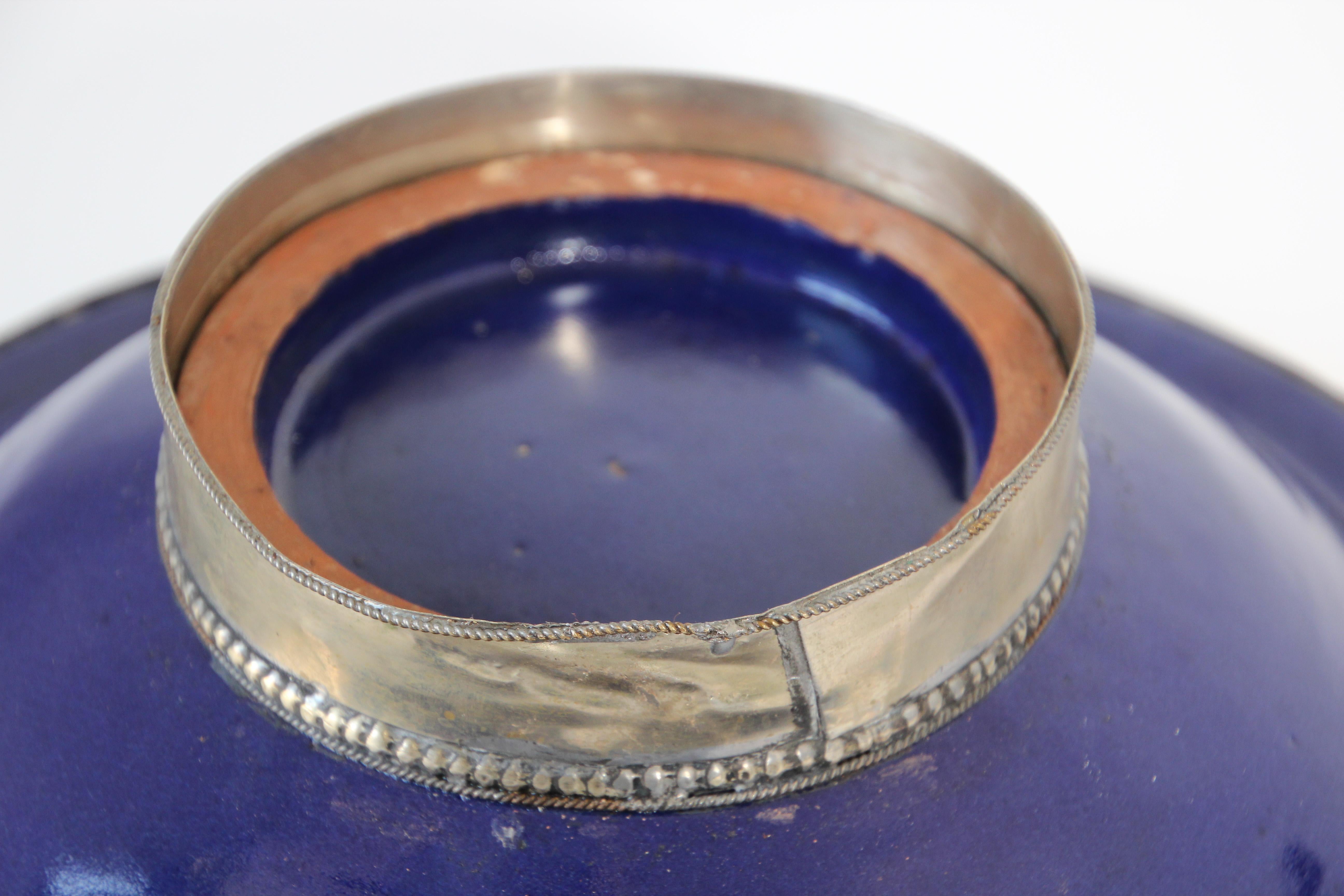 Cobalt Blue Moroccan Ceramic Bowl with Silver Overlay For Sale 3