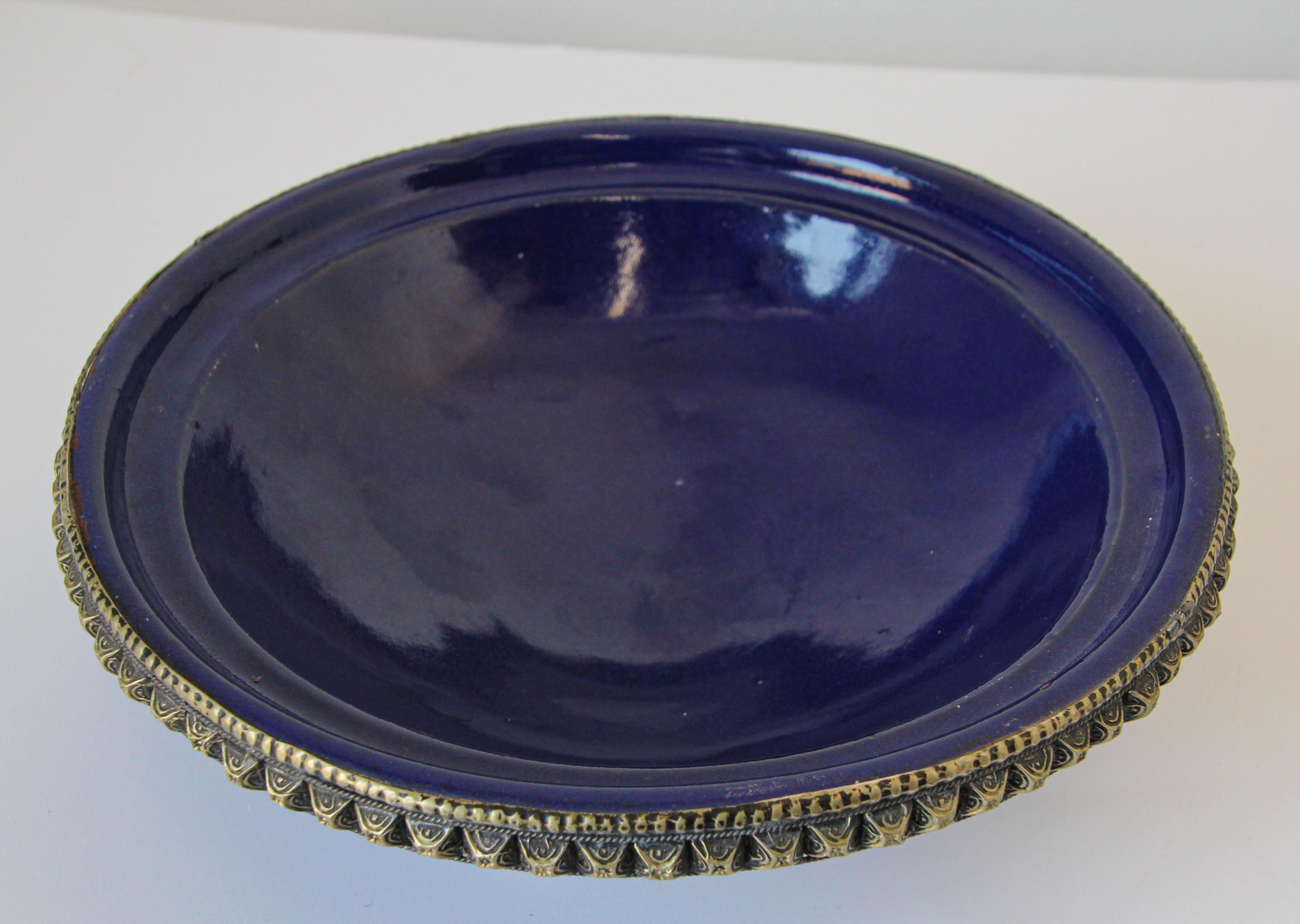 Cobalt Blue Moroccan Ceramic Bowl with Silver Overlay For Sale 5