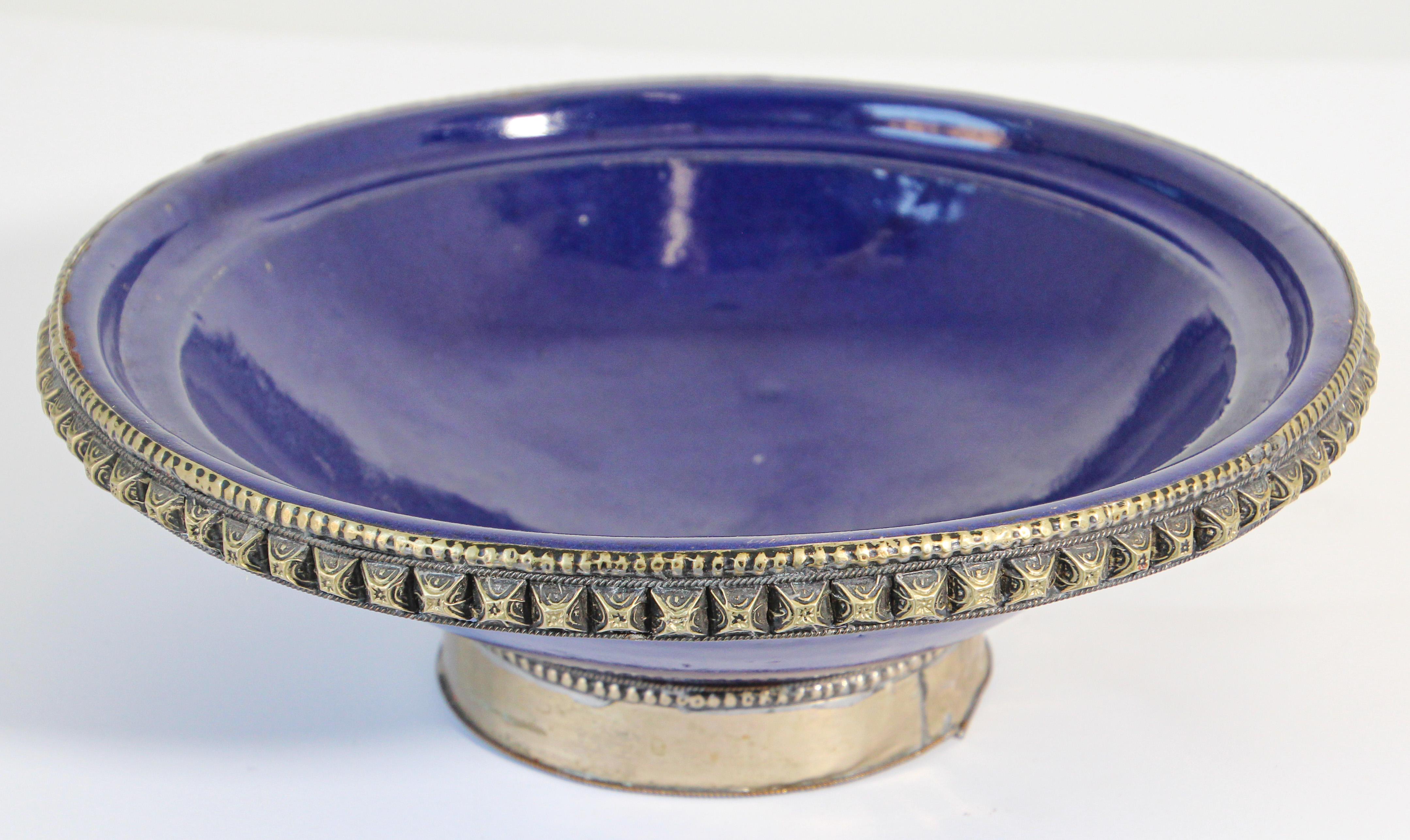 Moorish Cobalt Blue Moroccan Ceramic Bowl with Silver Overlay For Sale