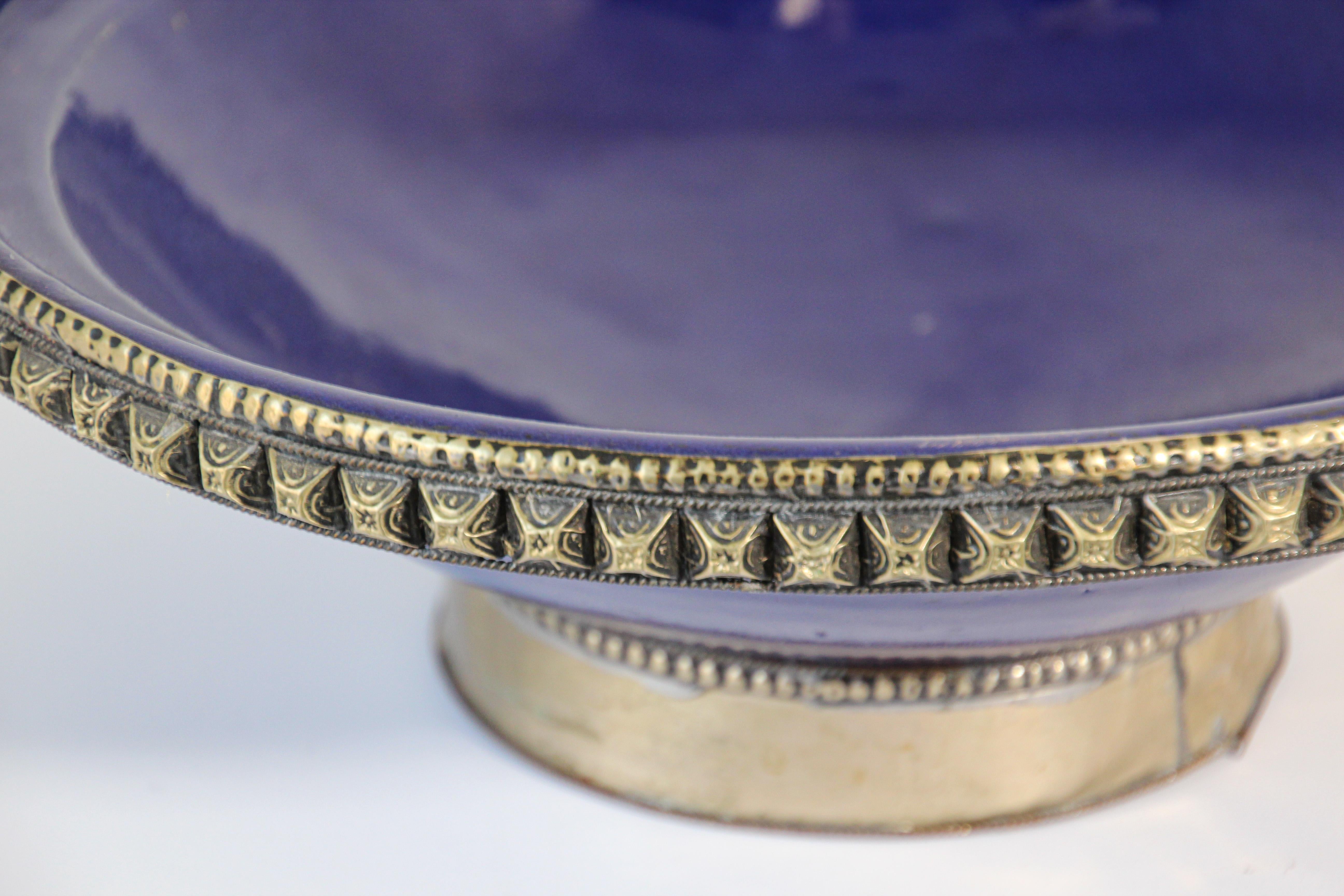 Hand-Crafted Cobalt Blue Moroccan Ceramic Bowl with Silver Overlay For Sale