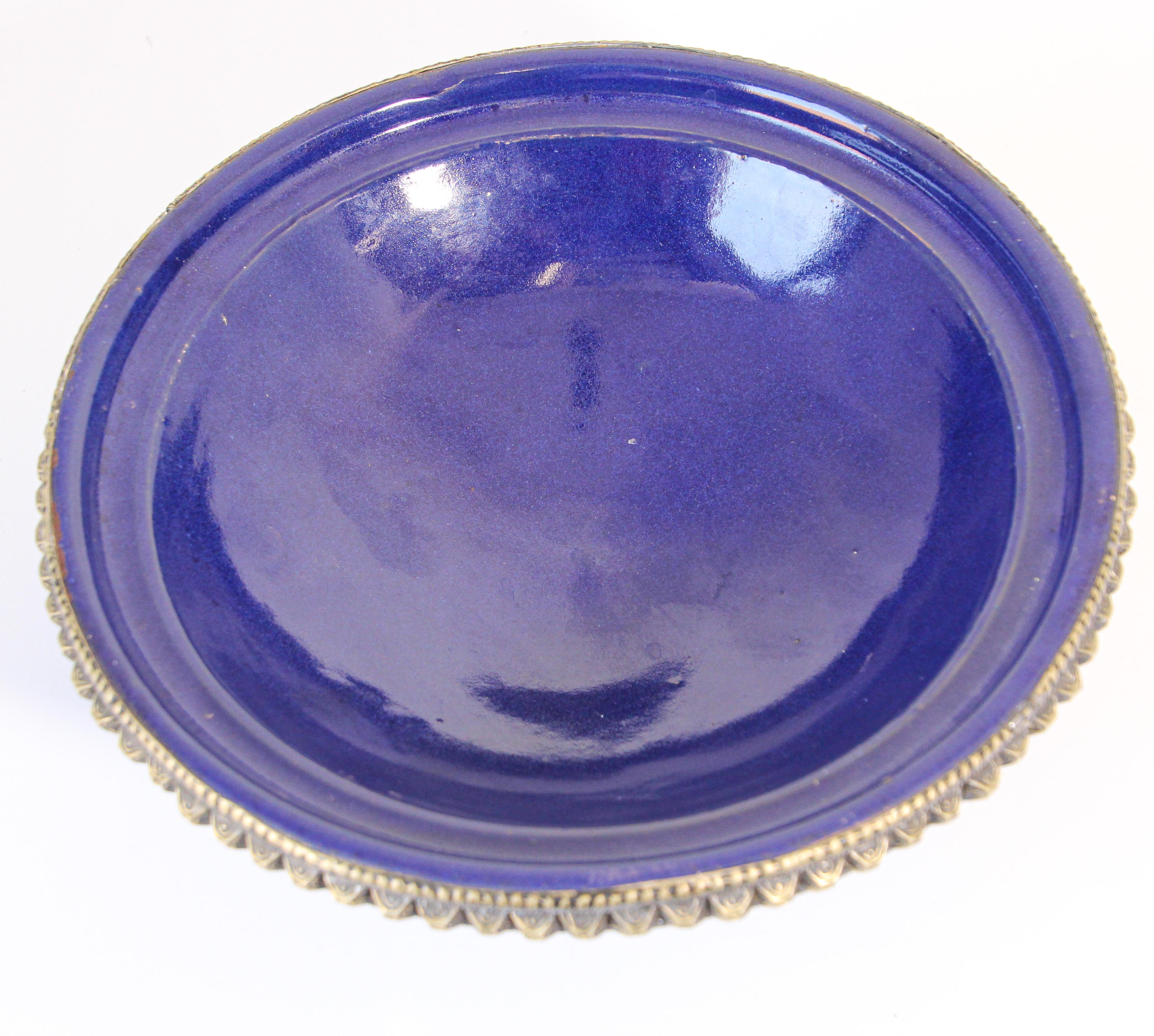 20th Century Cobalt Blue Moroccan Ceramic Bowl with Silver Overlay For Sale