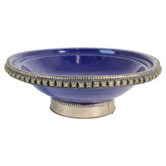 Cobalt Blue Moroccan Ceramic Bowl with Silver Overlay