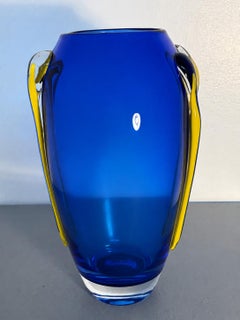 Cobalt Blue Murano Art Glass Vase with Yellow Applied Handles