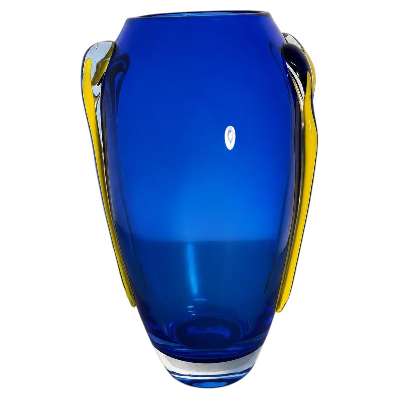 Cobalt Blue Murano Art Glass Vase with Yellow Applied Handles