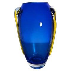 Cobalt Blue Murano Art Glass Vase with Yellow Applied Handles
