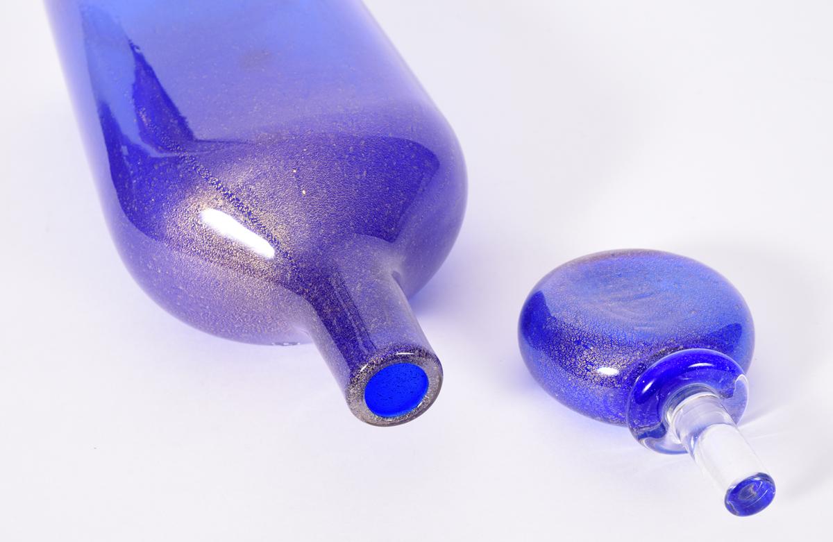 European Cobalt Blue Murano Glass Decanter / Gold Flecks Details