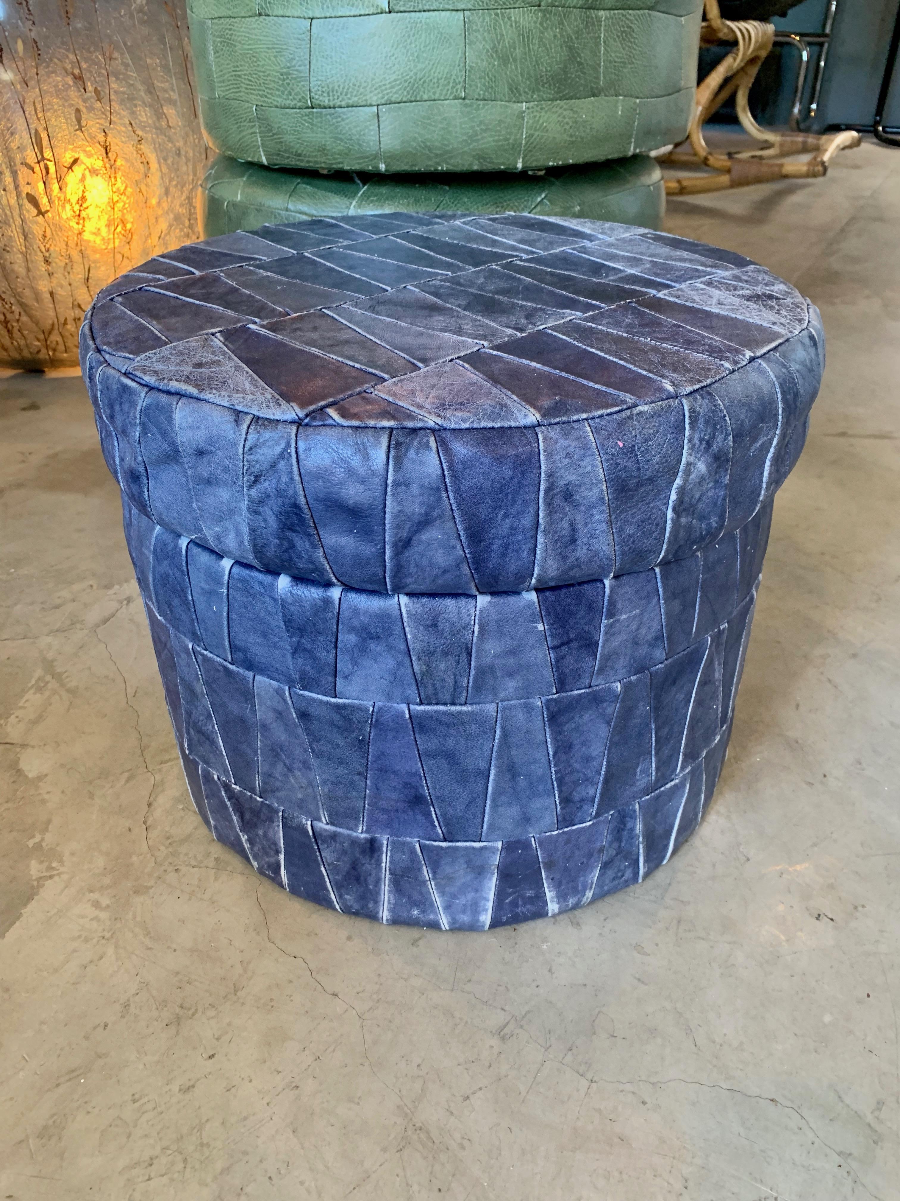 Cobalt Blue Patchwork Leather Storage Ottoman by De Sede In Good Condition In Los Angeles, CA