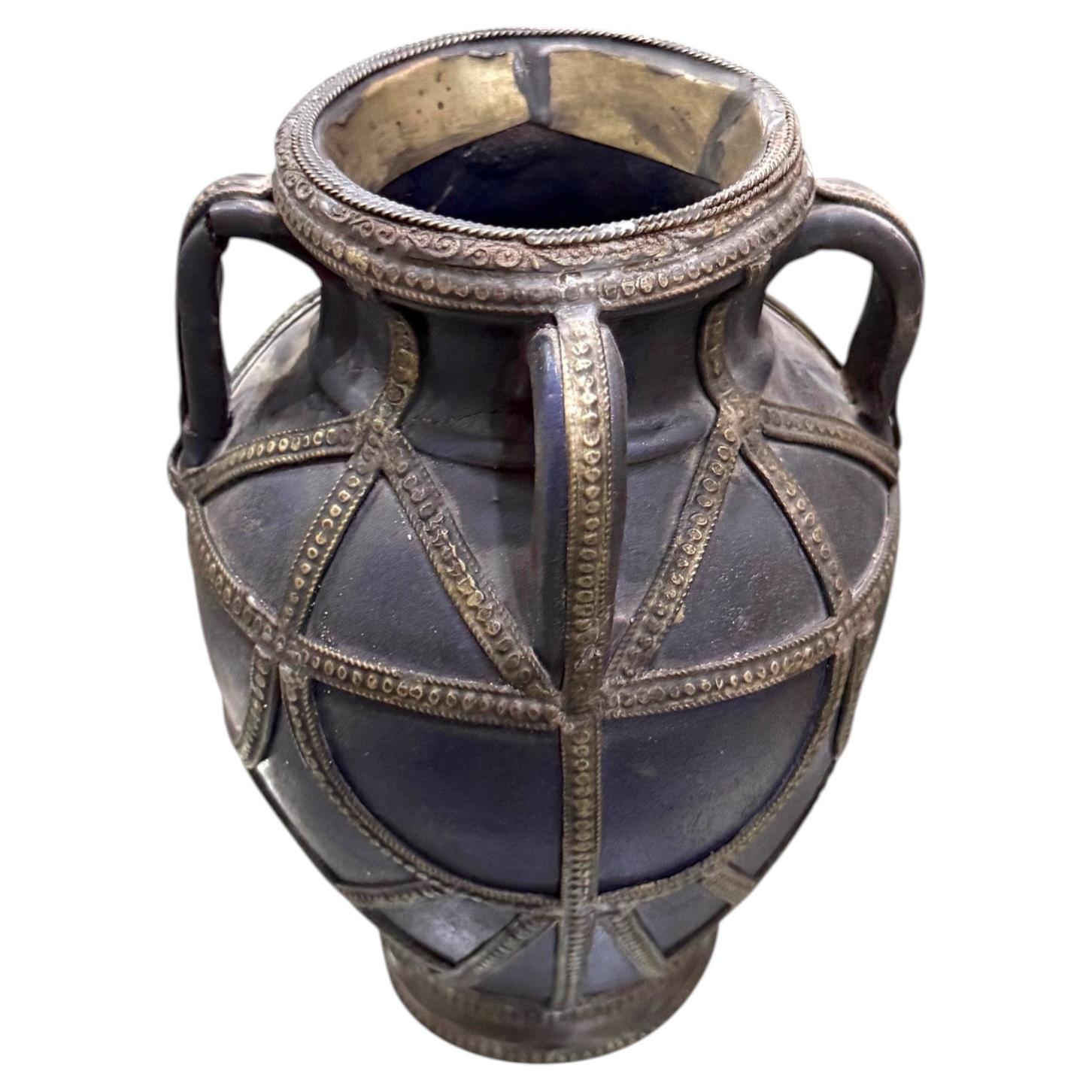 Cobalt Blue Four Handle Vase, Antique Moroccan Decor, 19th Century For Sale