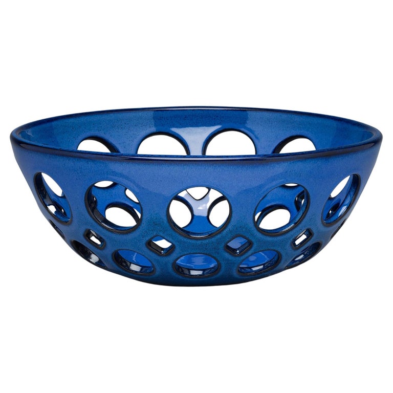 Cobalt Blue Pierced Ceramic Fruit Bowl For Sale at 1stDibs