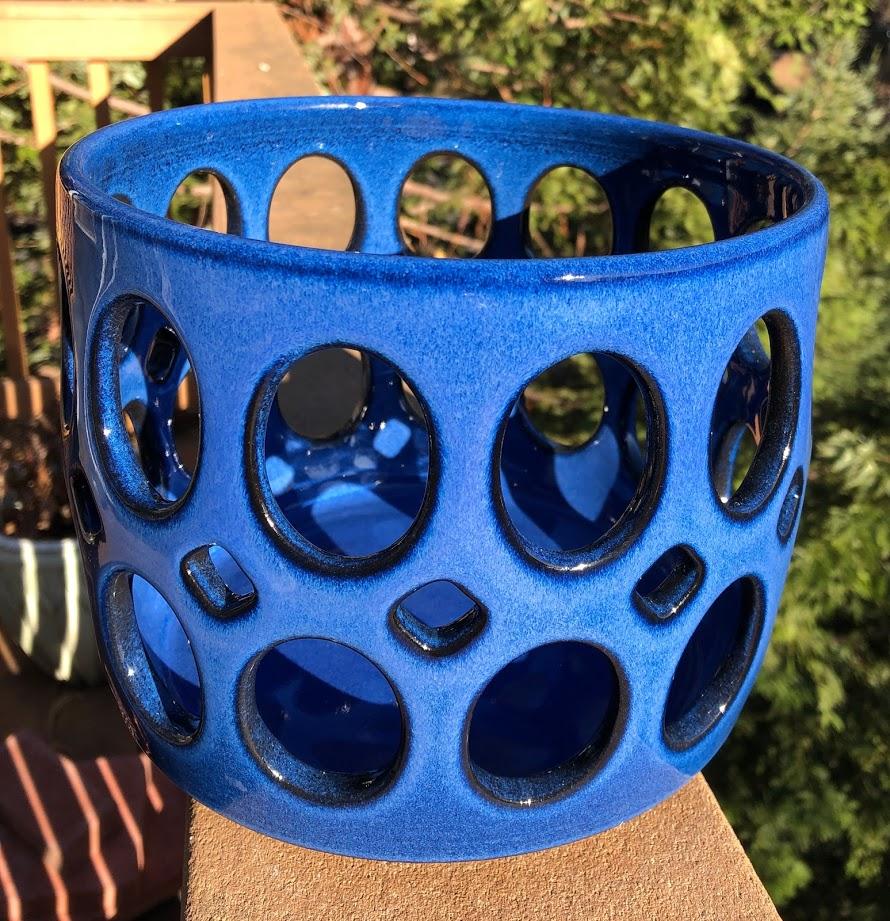 Mid-Century Modern Cobalt Blue Pierced Cylindrical Ceramic Fruit Bowl