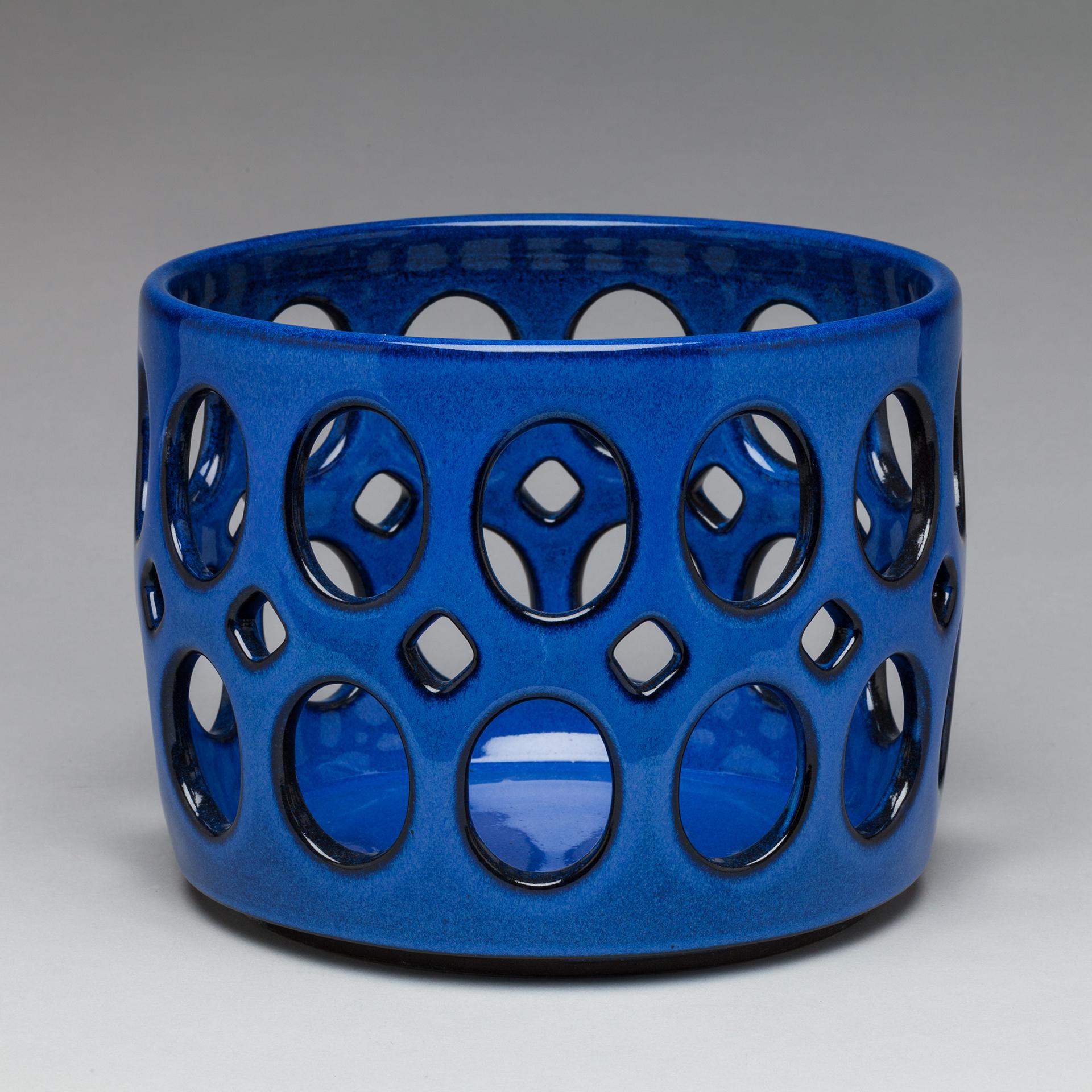 American Cobalt Blue Pierced Cylindrical Ceramic Fruit Bowl