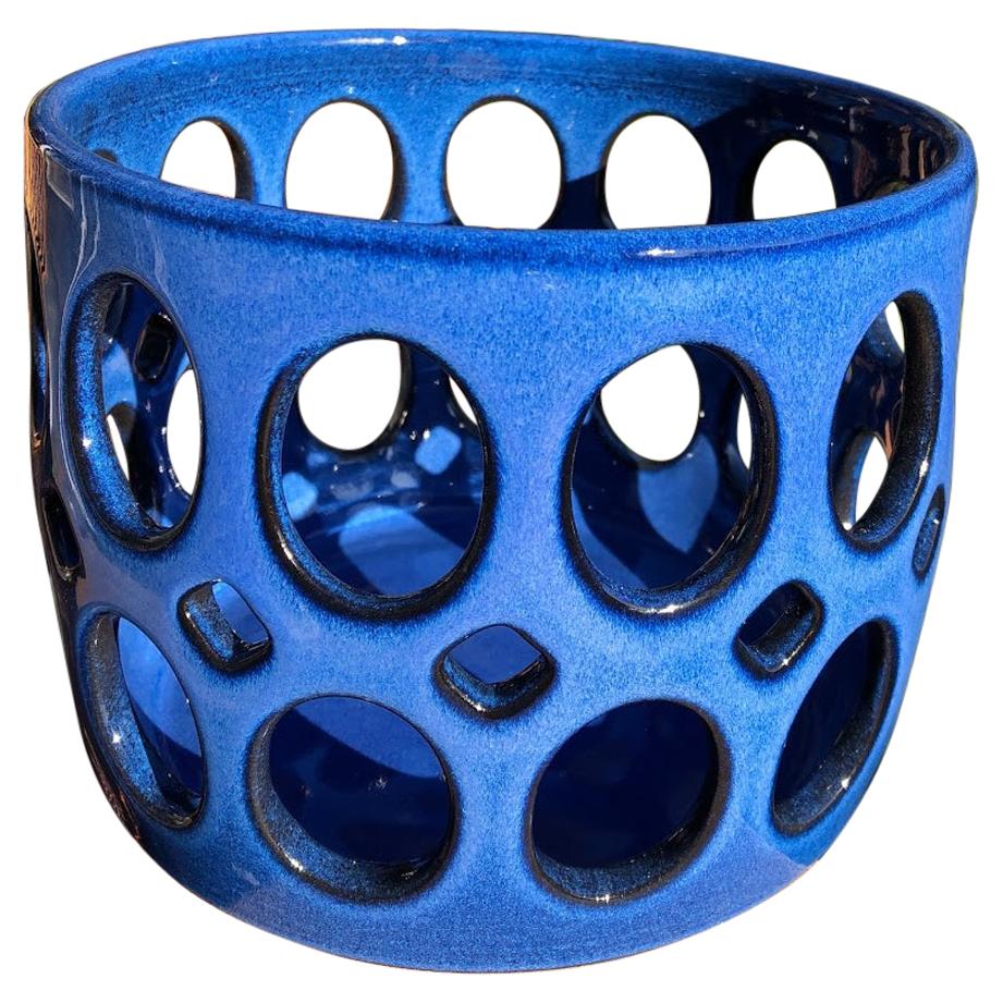 Cobalt Blue Pierced Cylindrical Ceramic Fruit Bowl