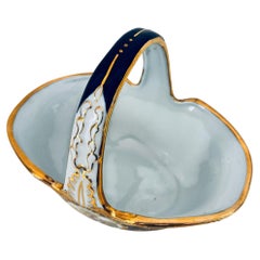 Cobalt Blue Porcelain Basket Vase with 22K Gold Encrustation and Romantic Scene