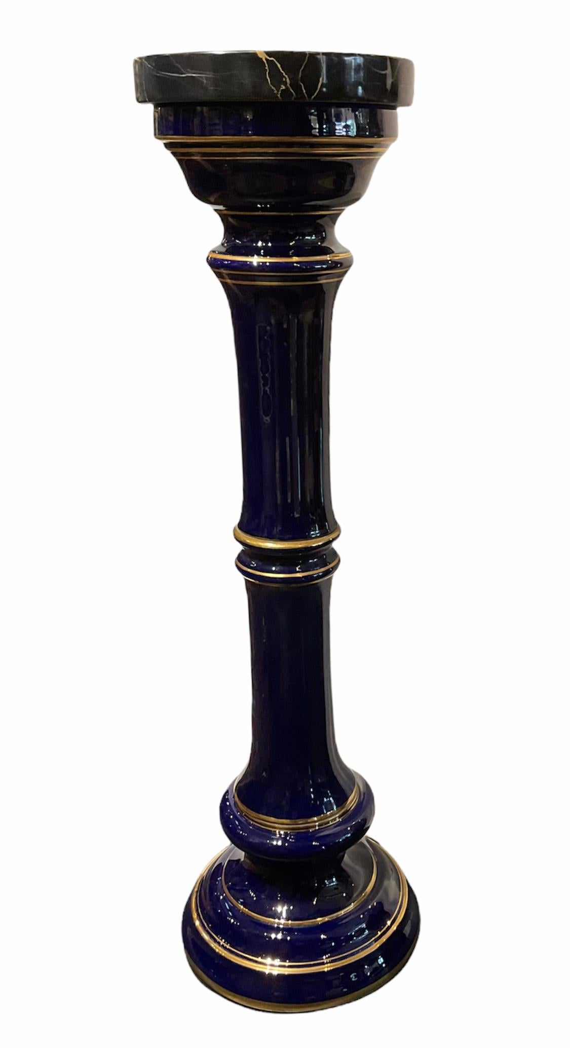 Unknown Cobalt Blue Porcelain Column With Marble Top For Sale
