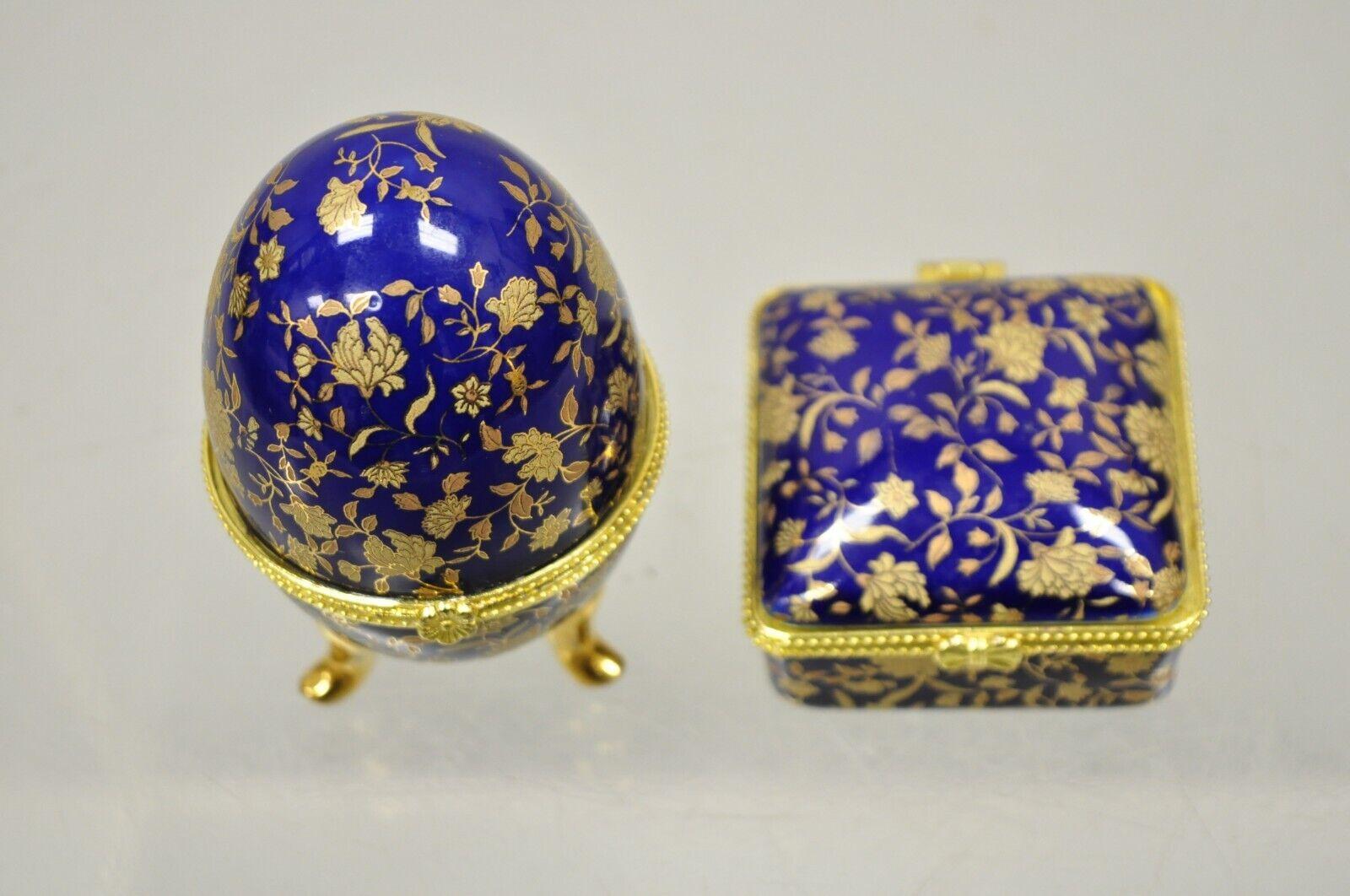 Cobalt Blue Porcelain Egg Gold Gilt Hinged Lid Candle Trinket Box, 2 Pcs For Sale 2