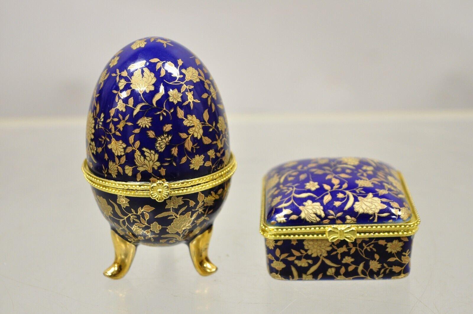 Cobalt Blue Porcelain Egg Gold Gilt Hinged Lid Candle Trinket Box, 2 Pcs For Sale 4