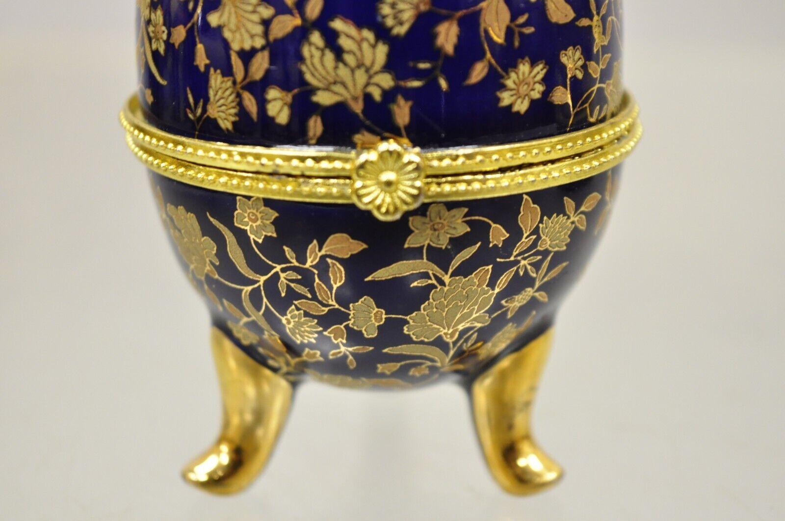 French Provincial Cobalt Blue Porcelain Egg Gold Gilt Hinged Lid Candle Trinket Box, 2 Pcs For Sale