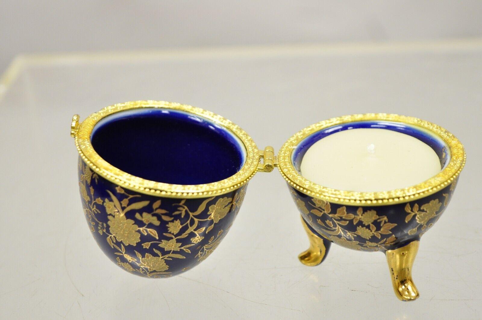Cobalt Blue Porcelain Egg Gold Gilt Hinged Lid Candle Trinket Box, 2 Pcs In Good Condition For Sale In Philadelphia, PA