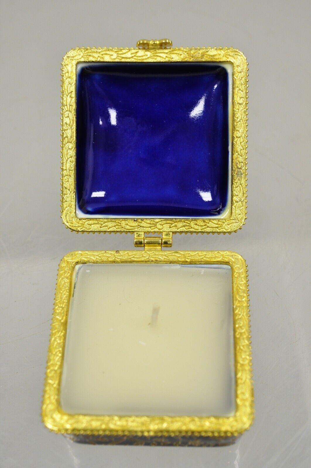20th Century Cobalt Blue Porcelain Egg Gold Gilt Hinged Lid Candle Trinket Box, 2 Pcs For Sale