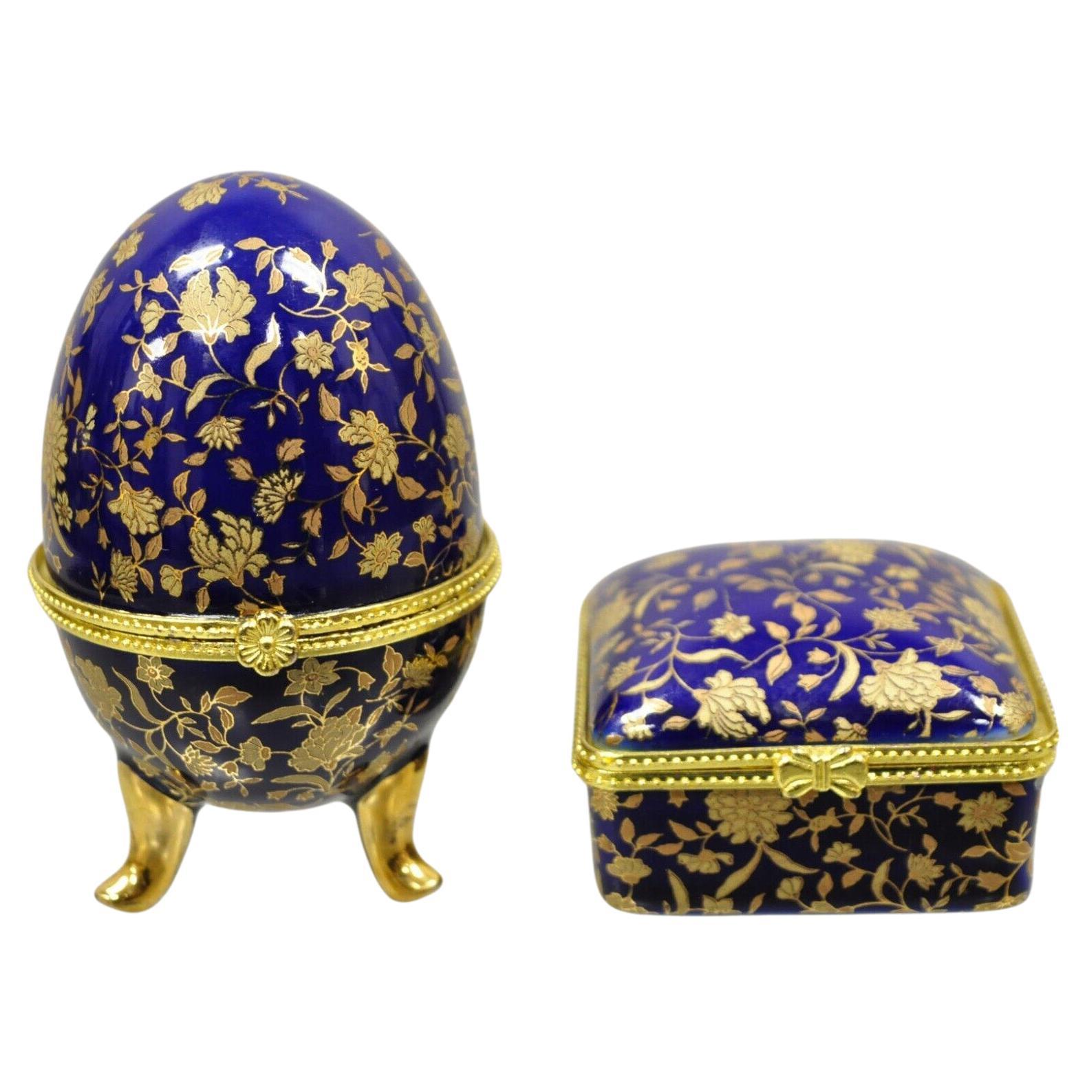 Cobalt Blue Porcelain Egg Gold Gilt Hinged Lid Candle Trinket Box, 2 Pcs For Sale