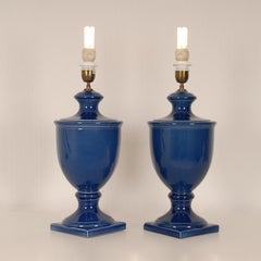 Cobalt Blue Porcelain Table Lamps French 1970s Robert Kostka Vintage - a Pair
