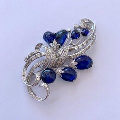 Vintage Vibrant Blue Sapphire and Diamond Platinum Brooch
