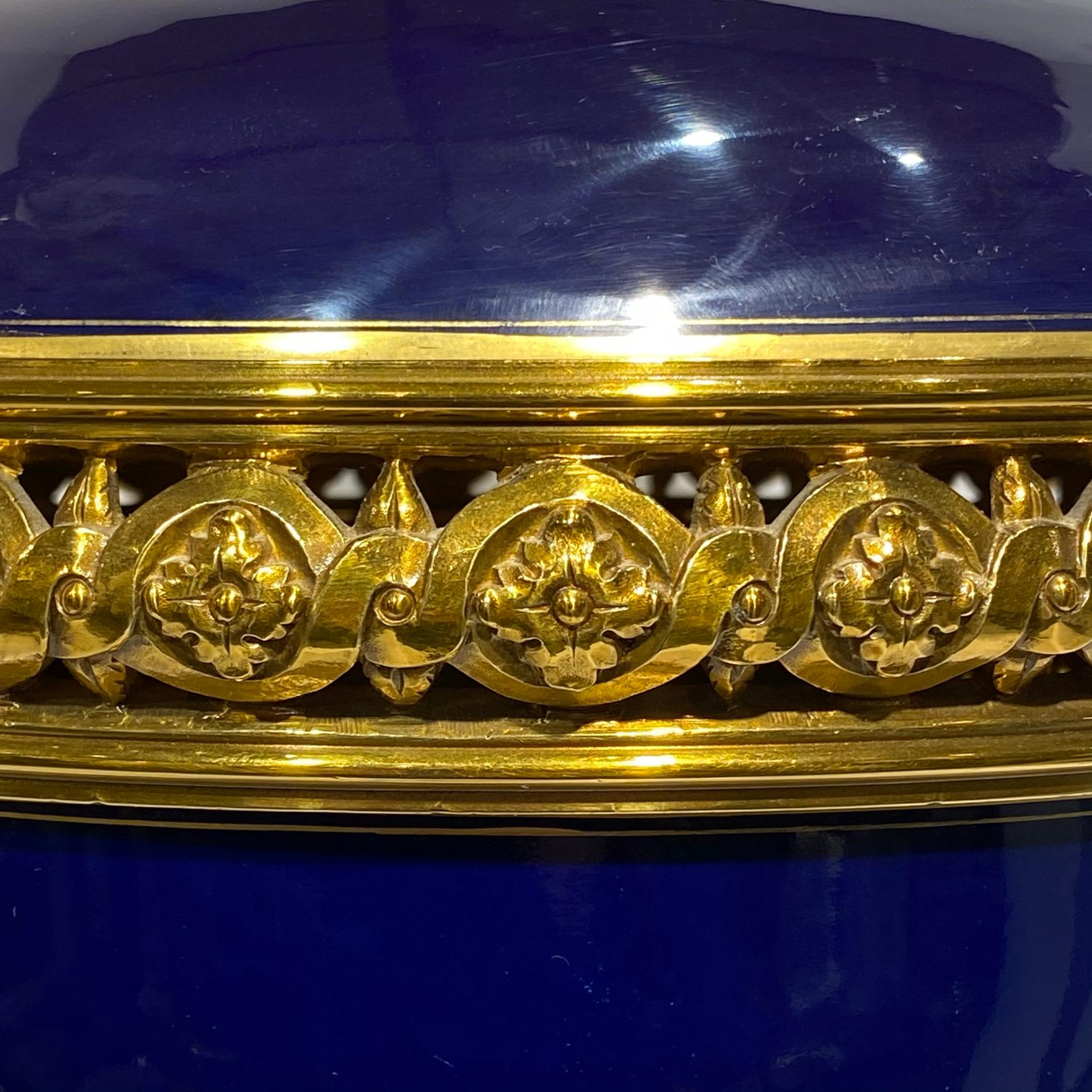 19th Century Cobalt Blue Sevres Bronze-Mounted Porcelain Cachepot Centerpiece and Cover For Sale