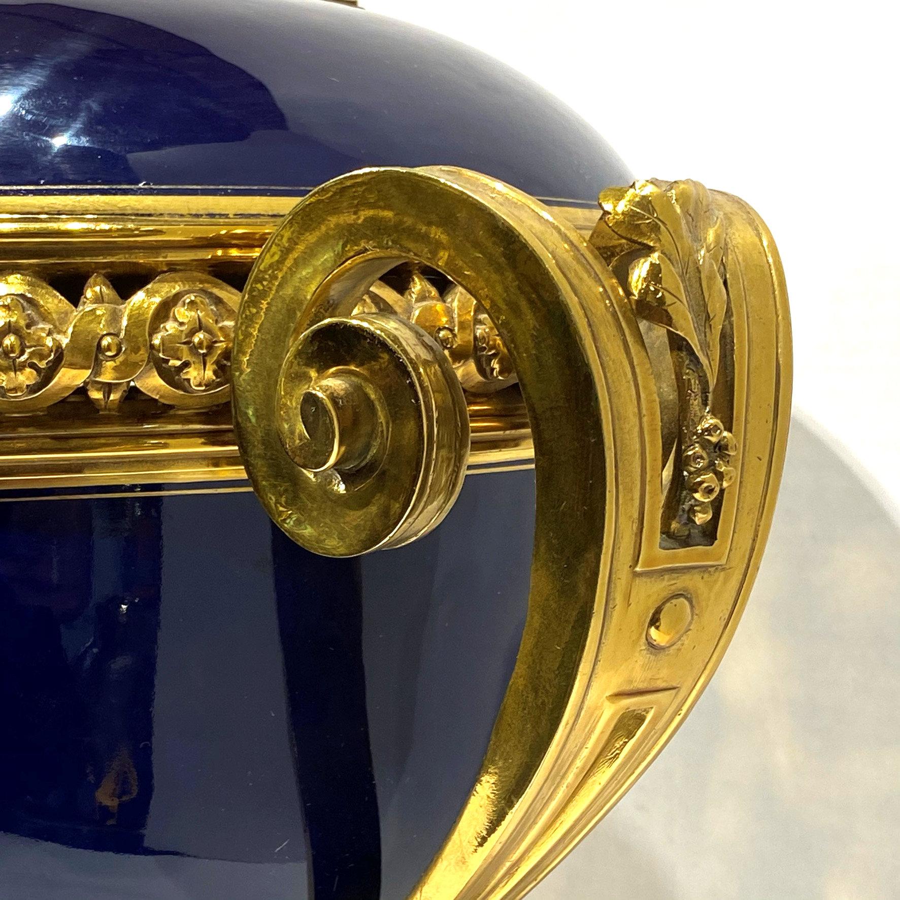Cobalt Blue Sevres Bronze-Mounted Porcelain Cachepot Centerpiece and Cover For Sale 1