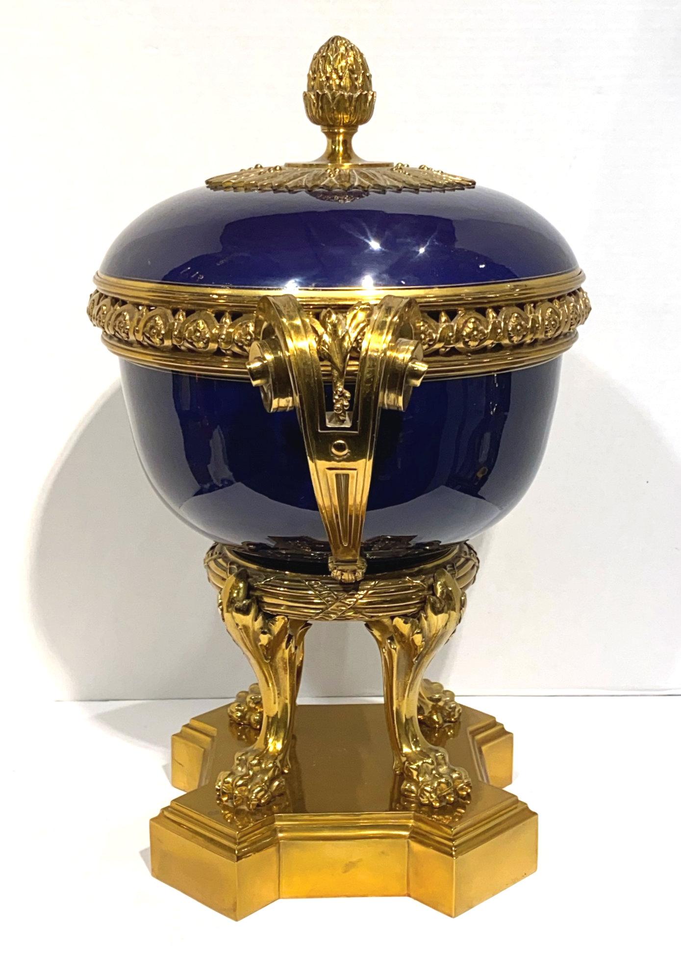 Cobalt Blue Sevres Bronze-Mounted Porcelain Cachepot Centerpiece and Cover For Sale 2