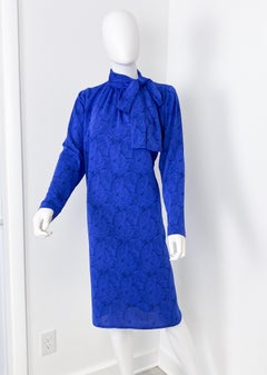 Cobalt Blue Silky Cocktail Dress with Pussy Bow, Size 12, 1980s