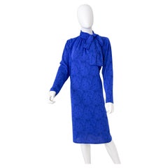 Cobalt Blue Silky Cocktail Dress with Pussy Bow, Size 12, 1980s