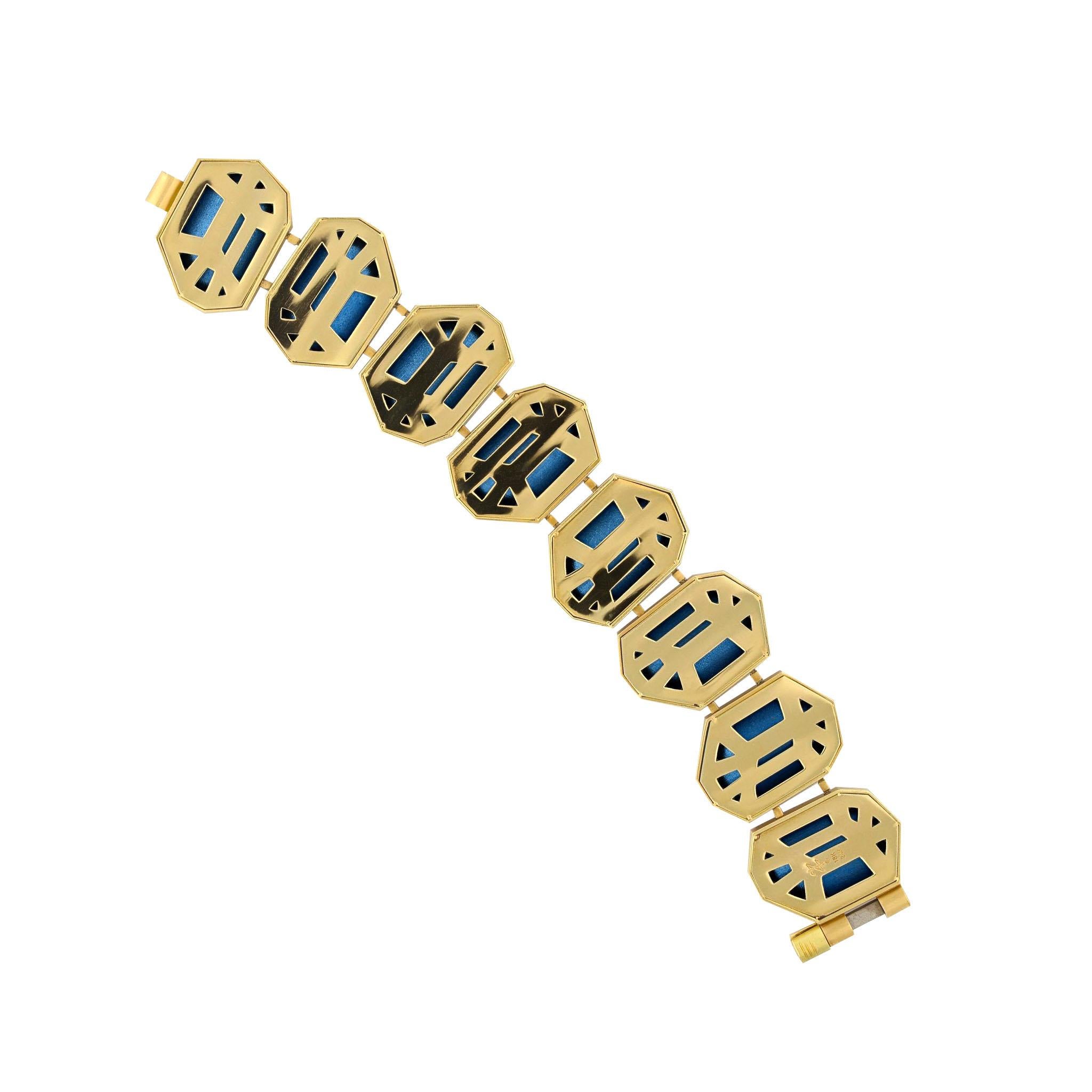 Geometric Cobalt Blue Steel and Gold bracelet by Zoltan David In New Condition For Sale In Austin, TX