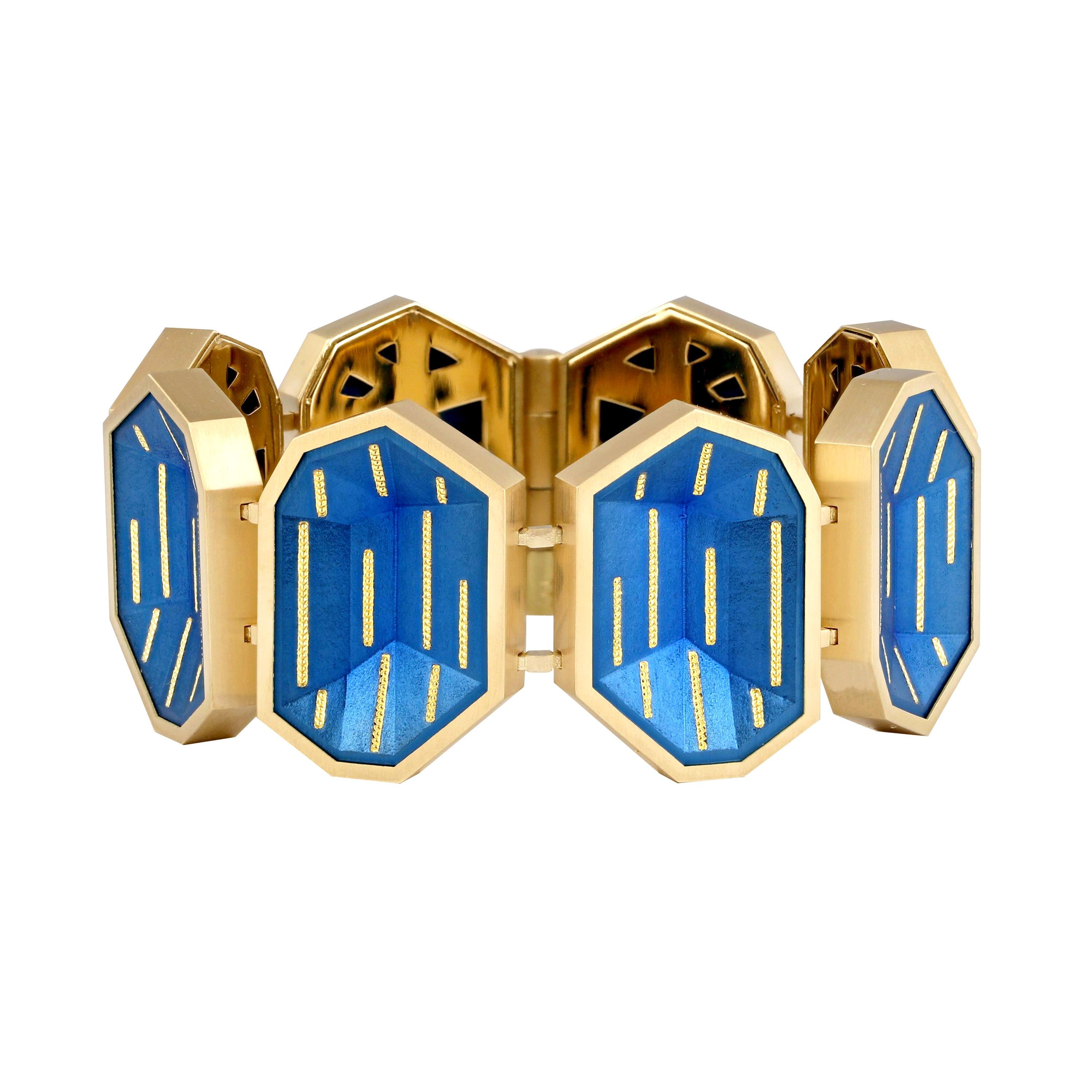 Geometric Cobalt Blue Steel and Gold bracelet by Zoltan David For Sale