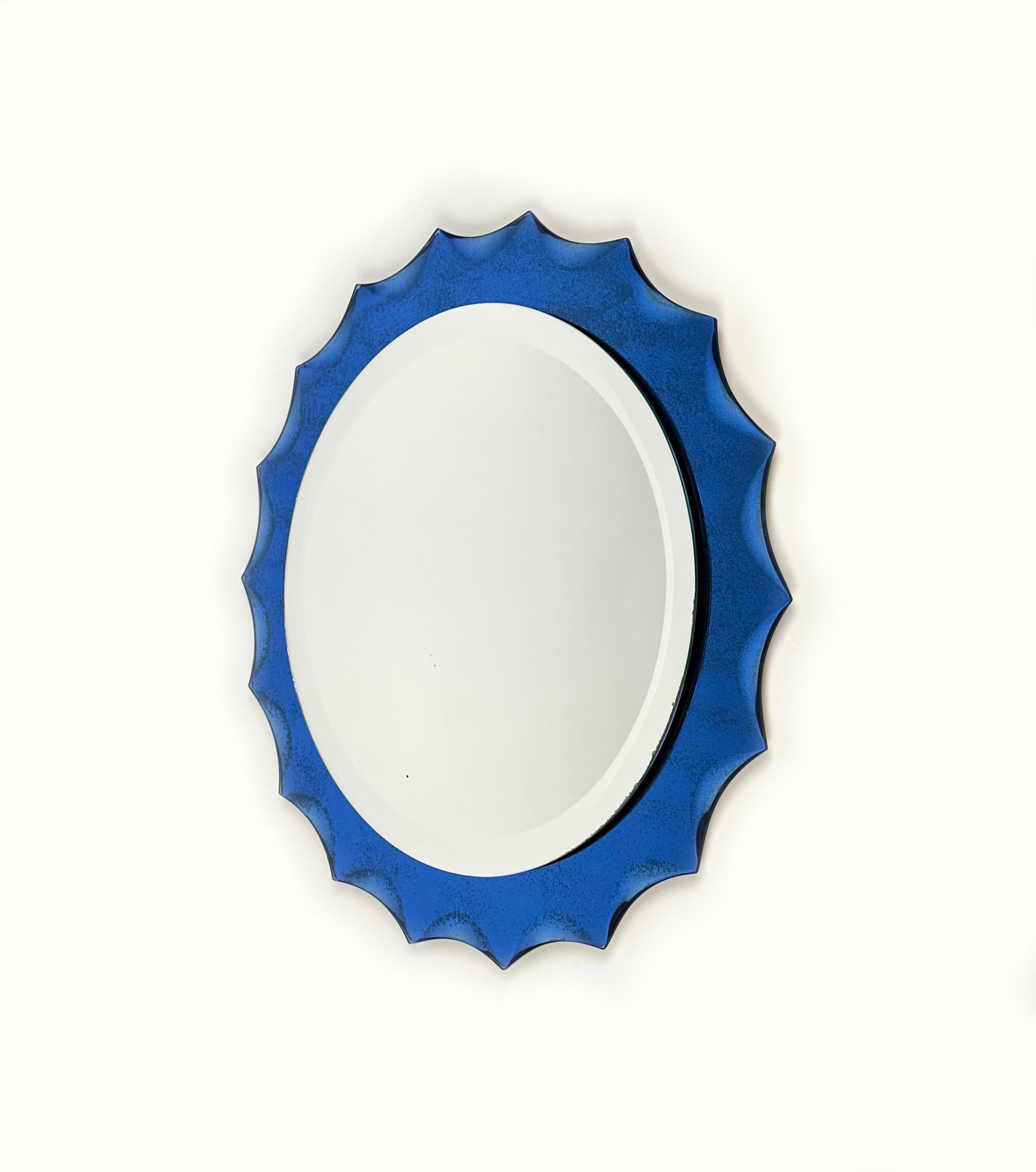 Cobalt Blue Sunburst Wall Mirror Fontana Arte Style, Italy, 1960s In Fair Condition For Sale In Rome, IT