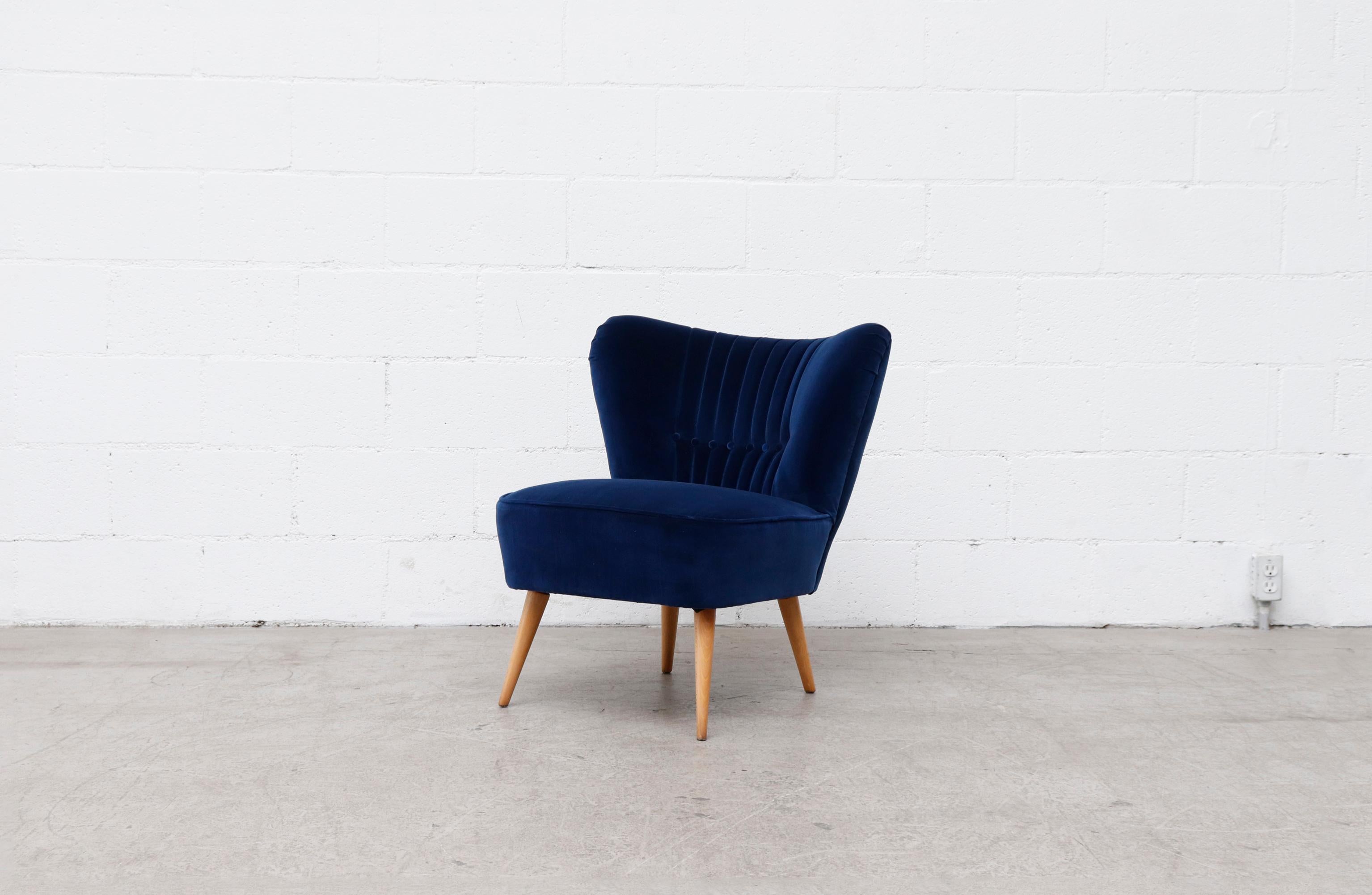 Mid-Century Modern Cobalt Blue Theo Ruth Style Velvet Lounge Chair