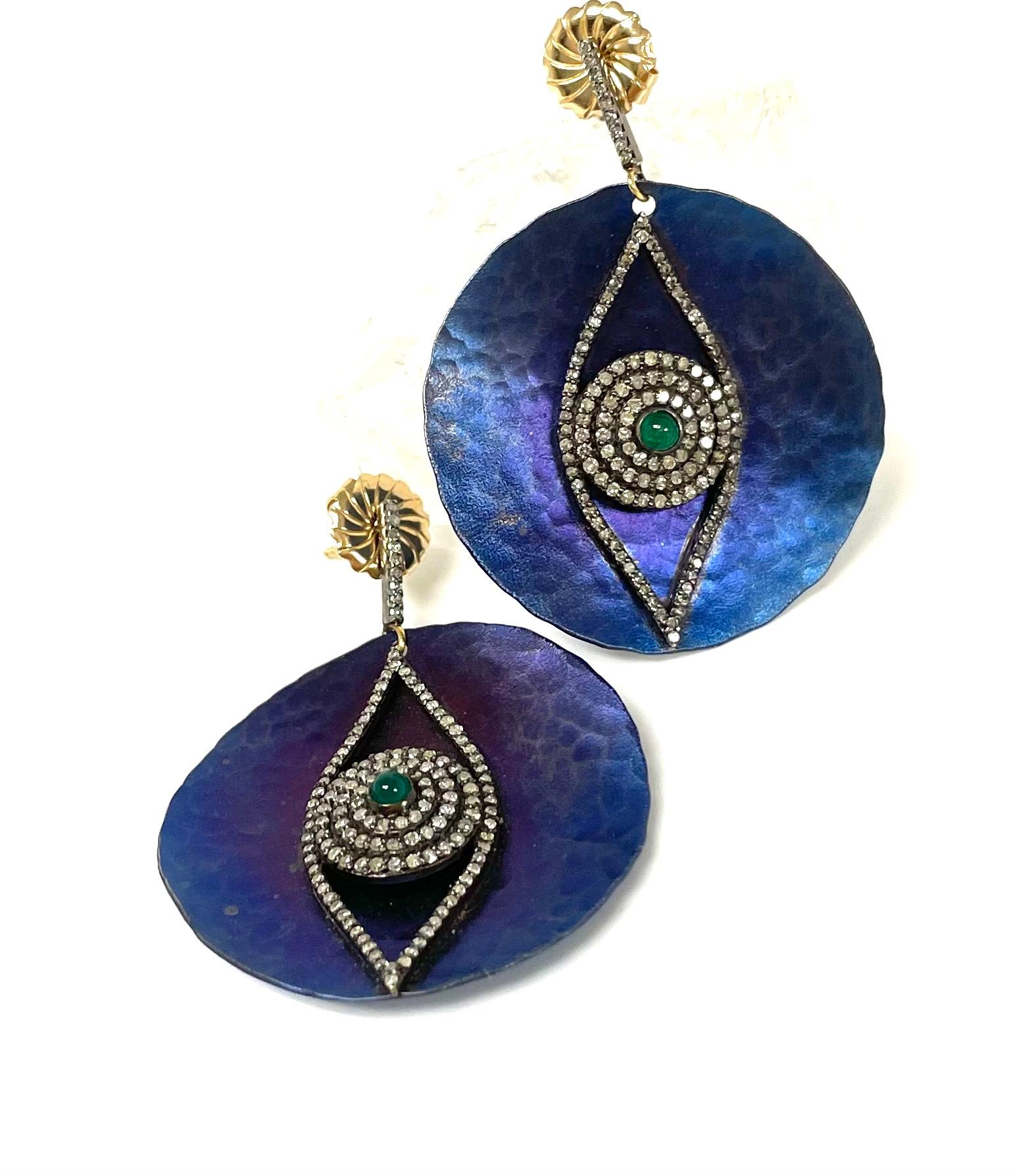 Women's  Cobalt Blue Titanium with Emeralds and Diamonds Earrings  For Sale