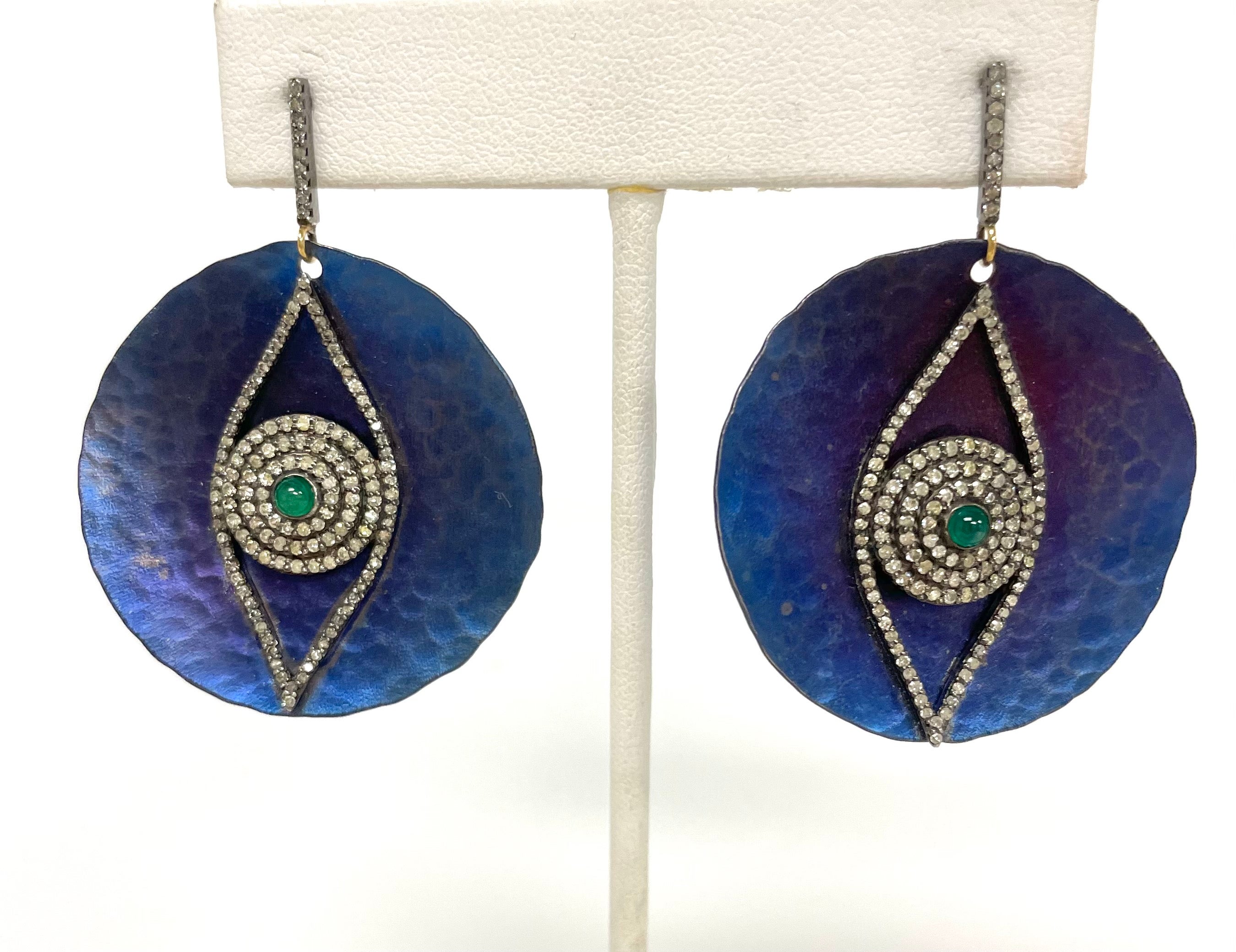 Artisan  Cobalt Blue Titanium with Emeralds and Diamonds Earrings  For Sale