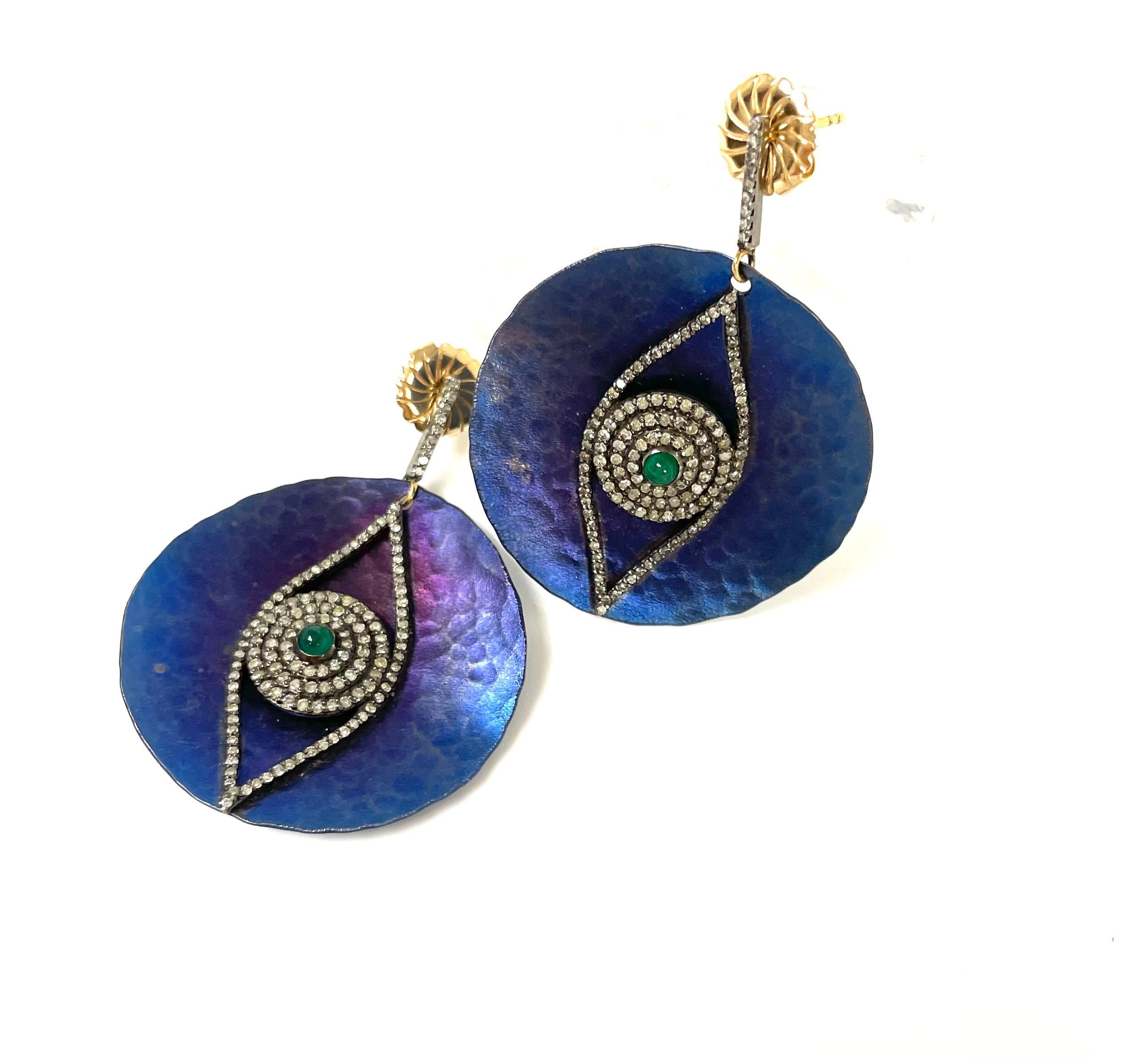 Cabochon  Cobalt Blue Titanium with Emeralds and Diamonds Earrings  For Sale