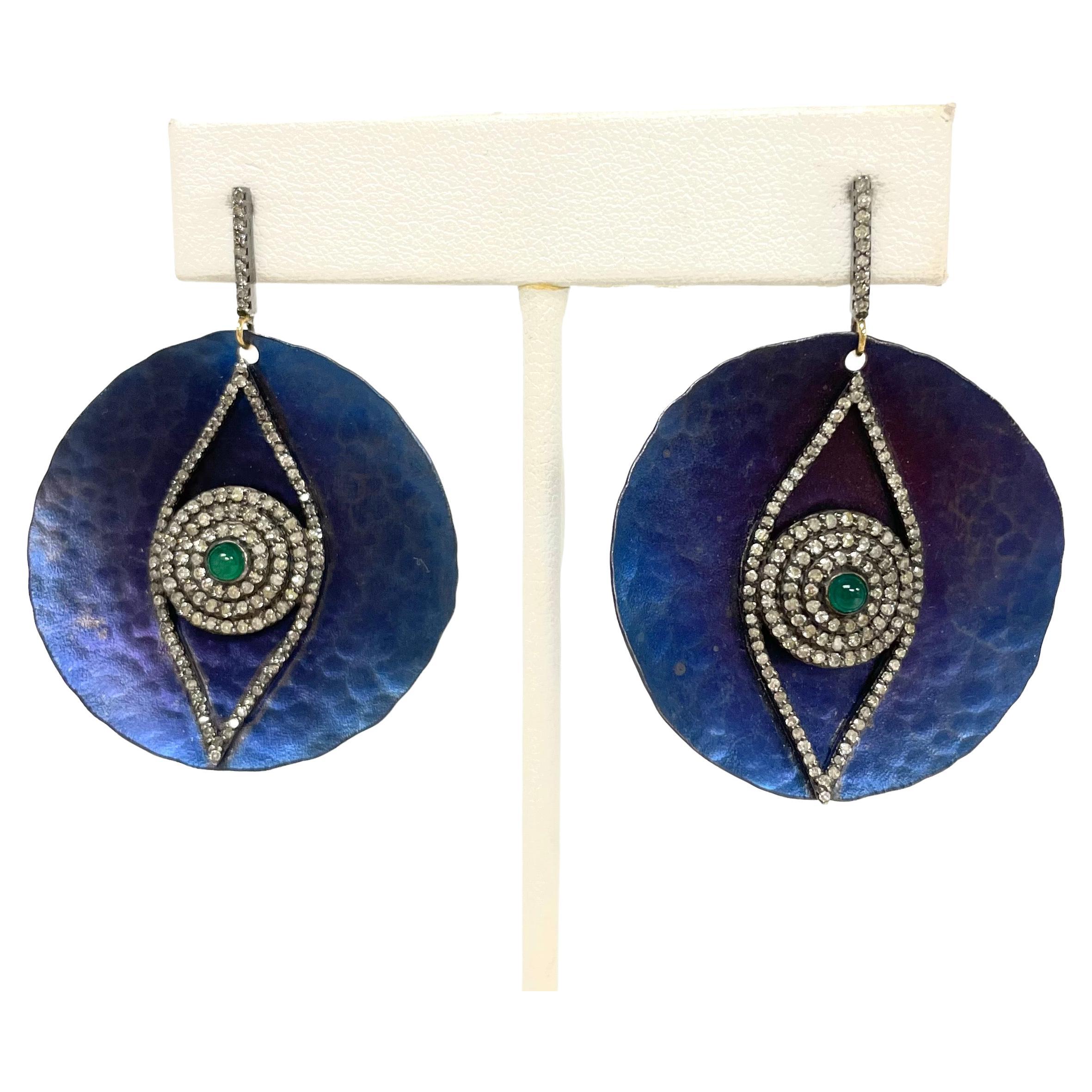  Cobalt Blue Titanium with Emeralds and Diamonds Earrings  In New Condition For Sale In Laguna Beach, CA