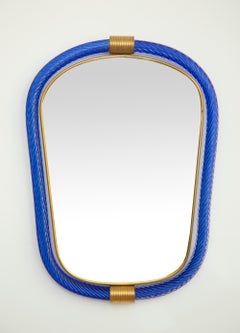 Cobalt Blue Twisted Rope Murano Glass Mirror, in Stock