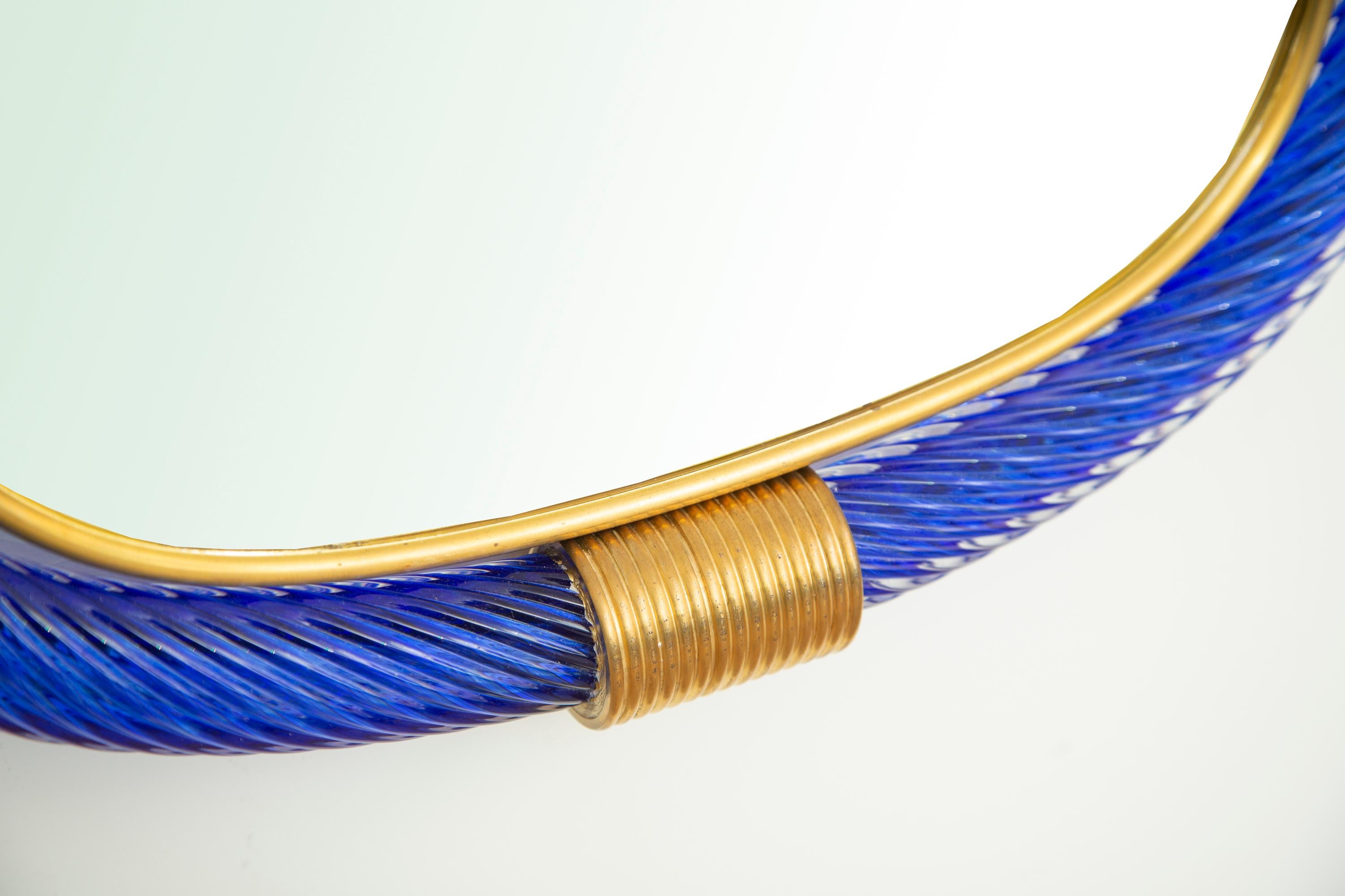 Mid-Century Modern Cobalt Blue Twisted Rope Murano Glass Mirror, in Stock