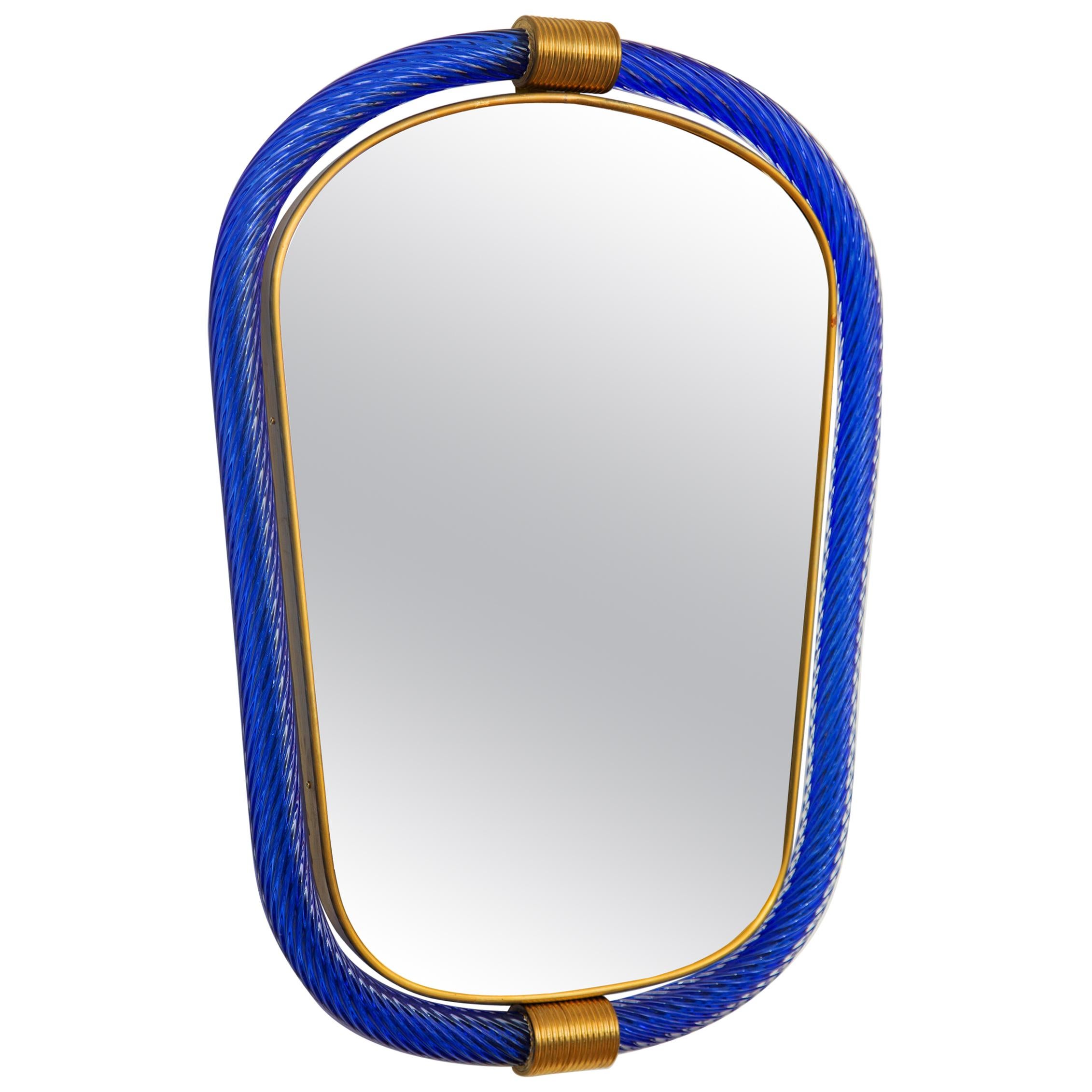 Cobalt Blue Twisted Rope Murano Glass Mirror, in Stock