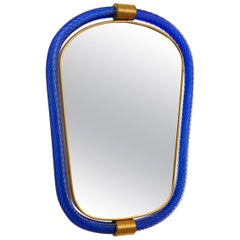 Cobalt Blue Twisted Rope Murano Glass Mirror, in Stock